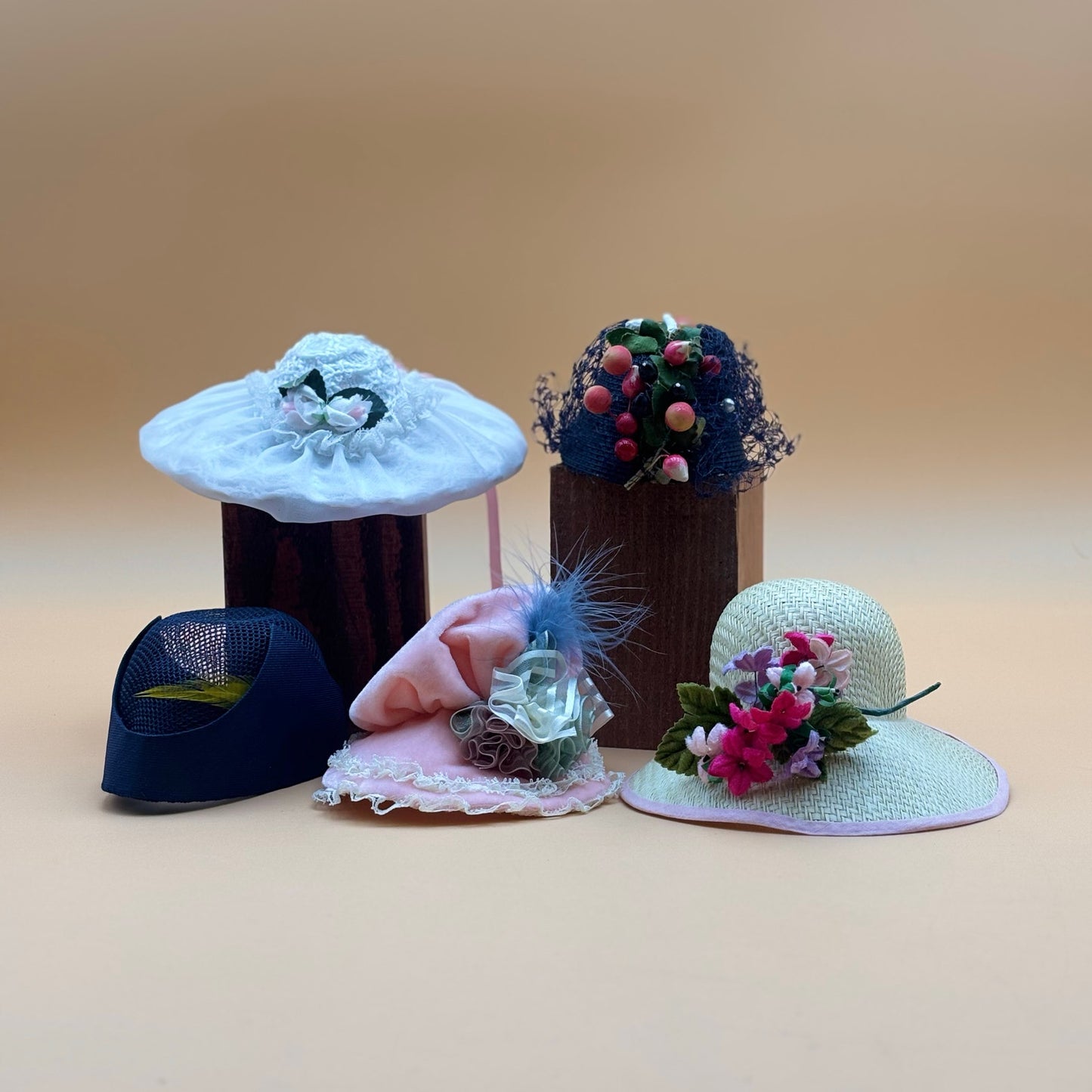 Set of 5 Vintage Doll Hats – Miniature Fabric & Straw Floral Hats