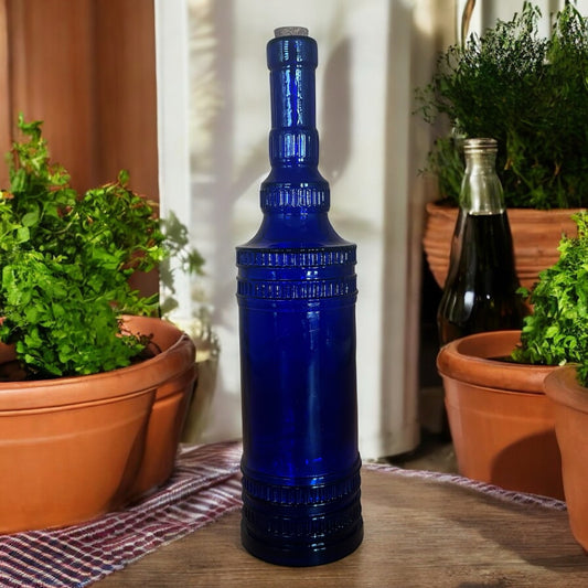 Vintage Cobalt Blue Glass Bottle with Cork – 12” Tall, Hi-Mark China