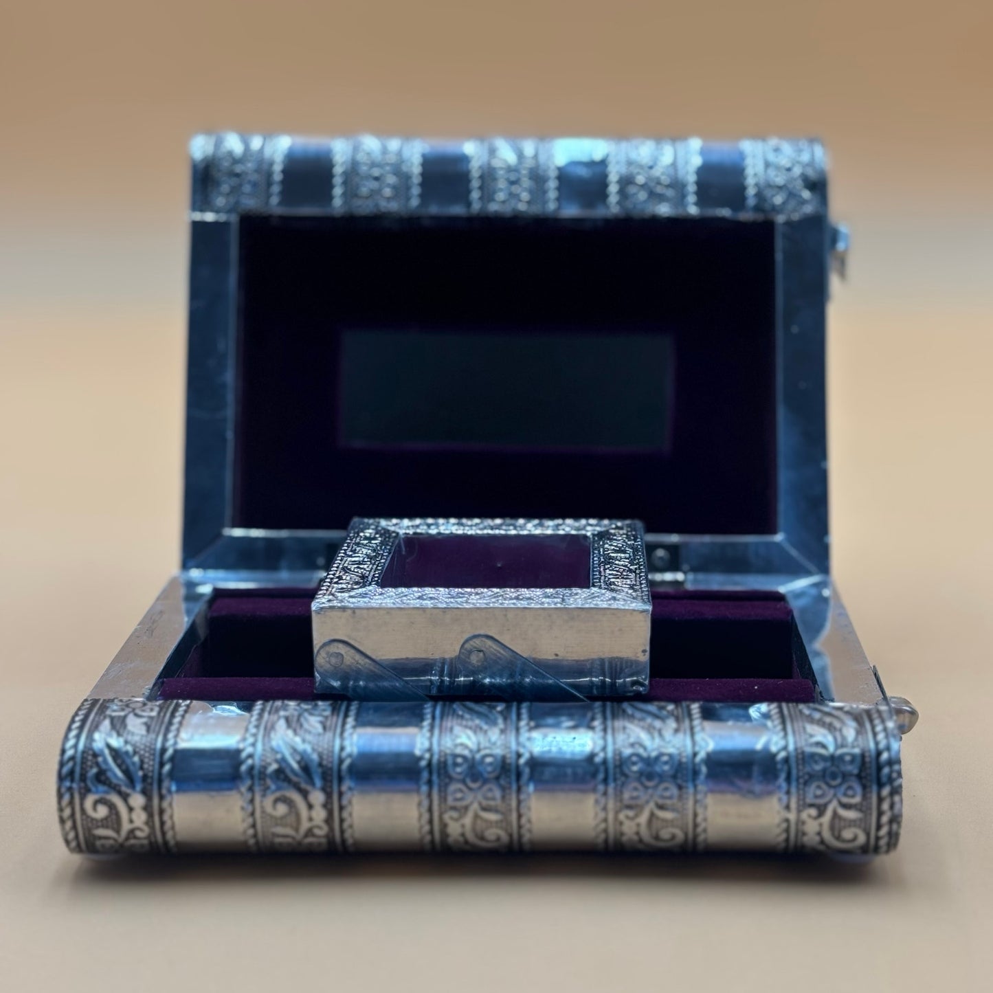 Pair of Handcrafted Indian Tiger Jewelry Boxes with Purple Velvet Interior