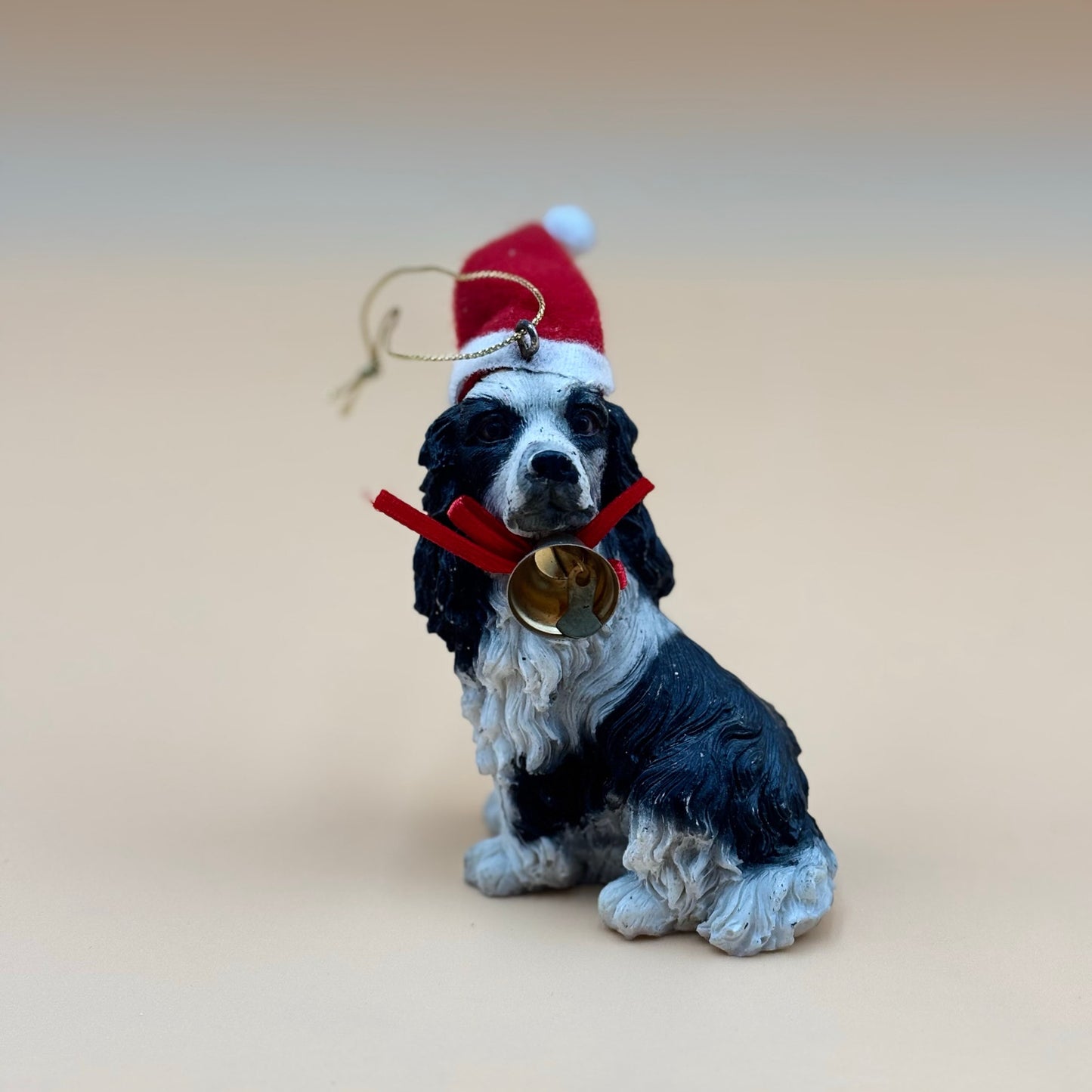 Black & White Spaniel Dog Ornament with Santa Hat
