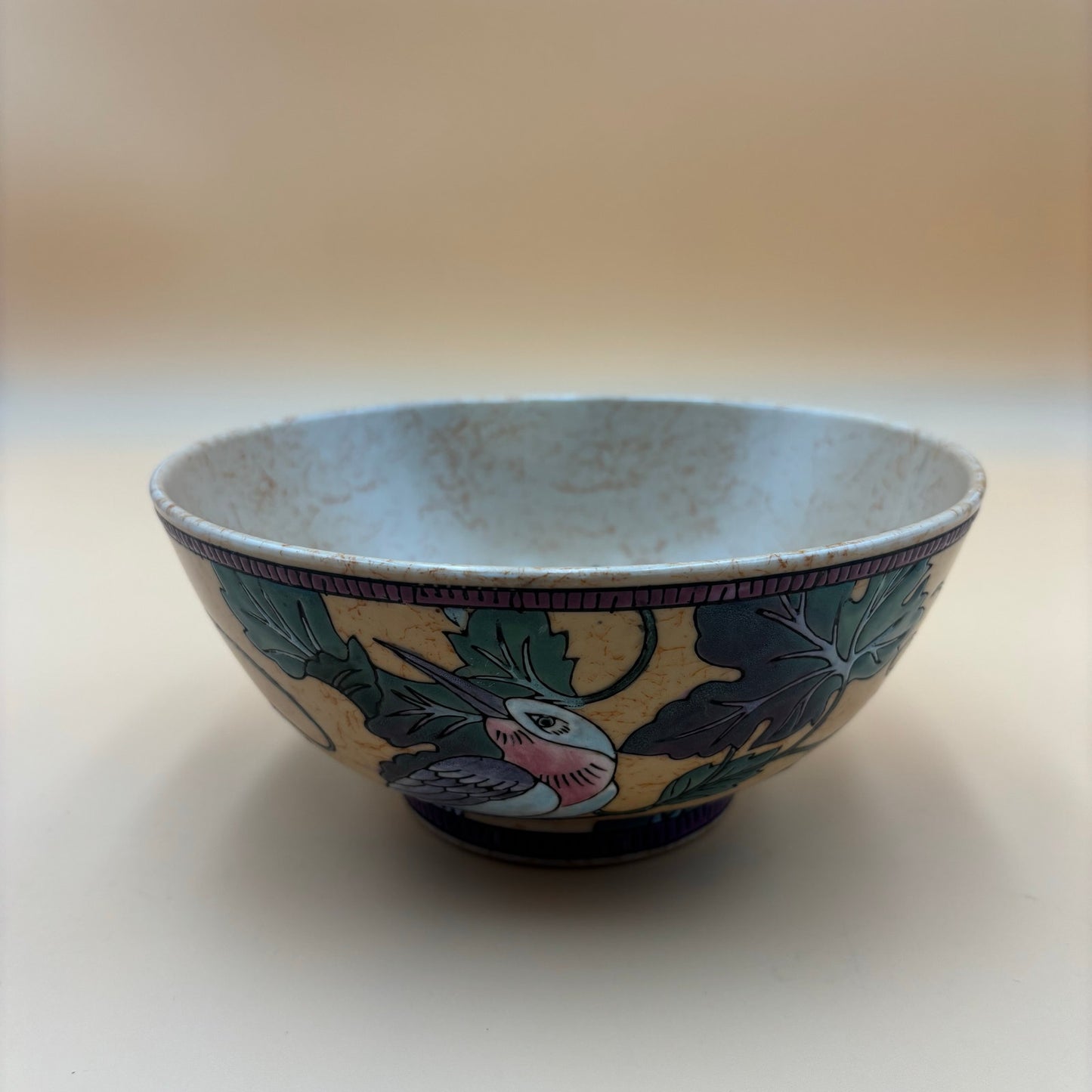 Vintage Crackle Glaze Hand-Painted Ceramic Bowl with Cardinal and Grape Design