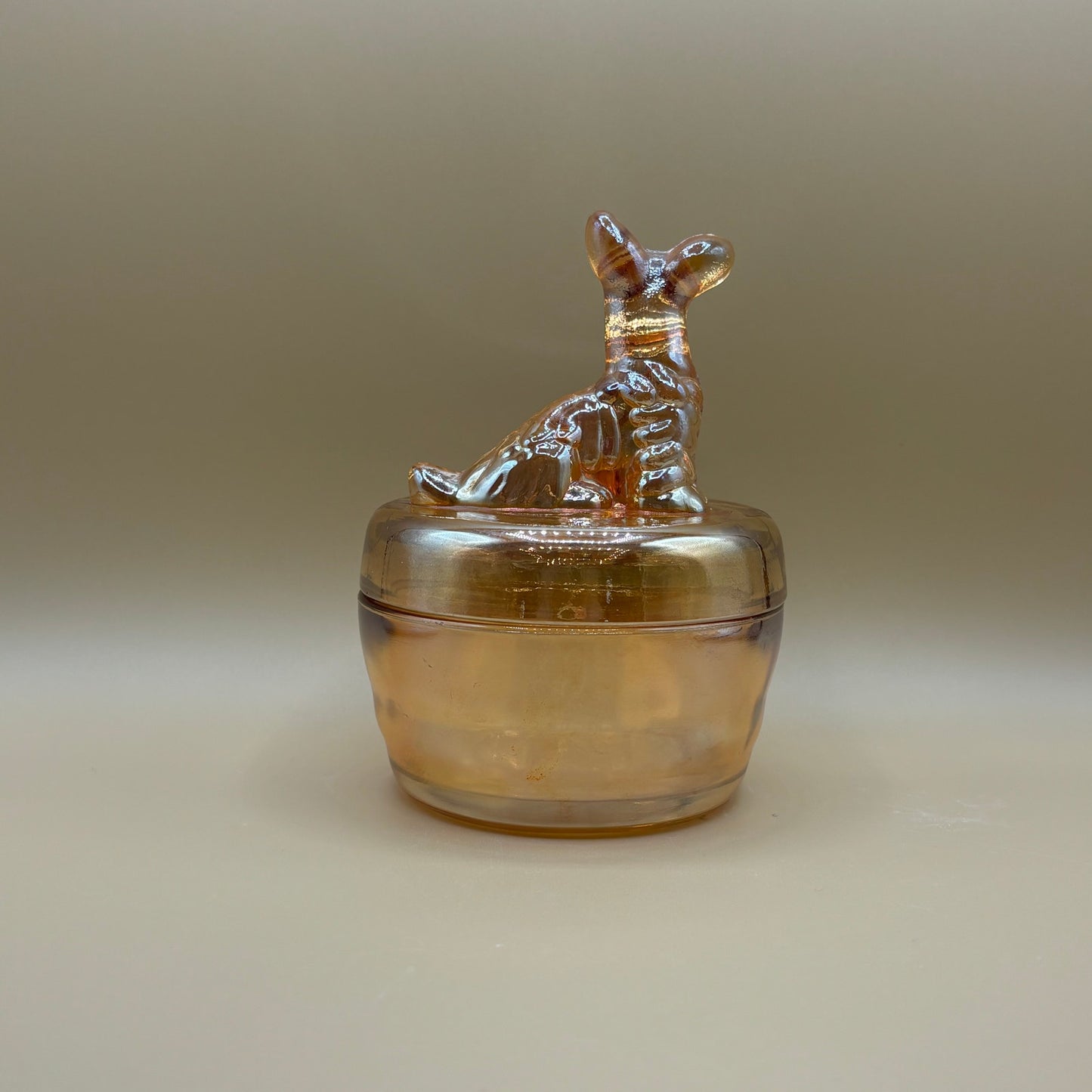 Vintage Jeannette Marigold Carnival Glass Scottie Dog Trinket Box