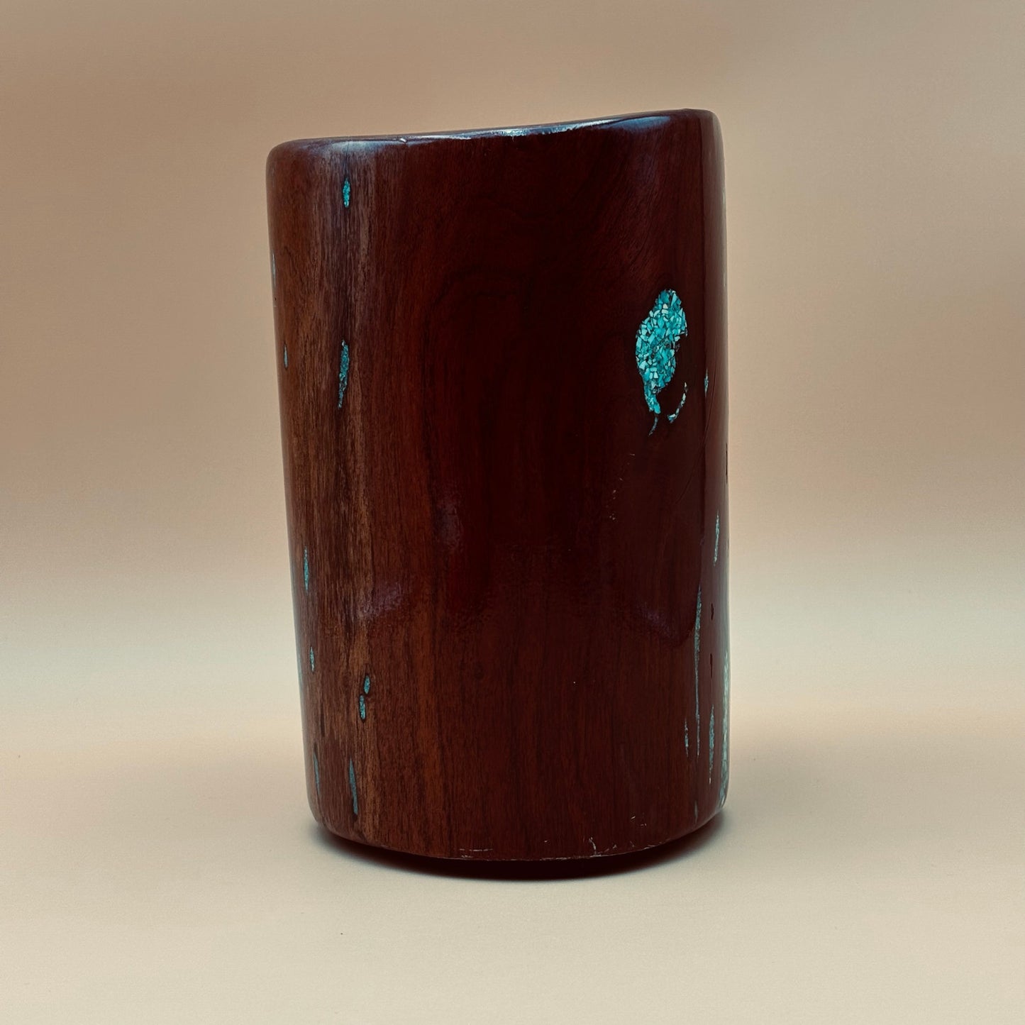 Hand-Carved Burlwood Vessel with Turquoise & Arrowhead Inlay