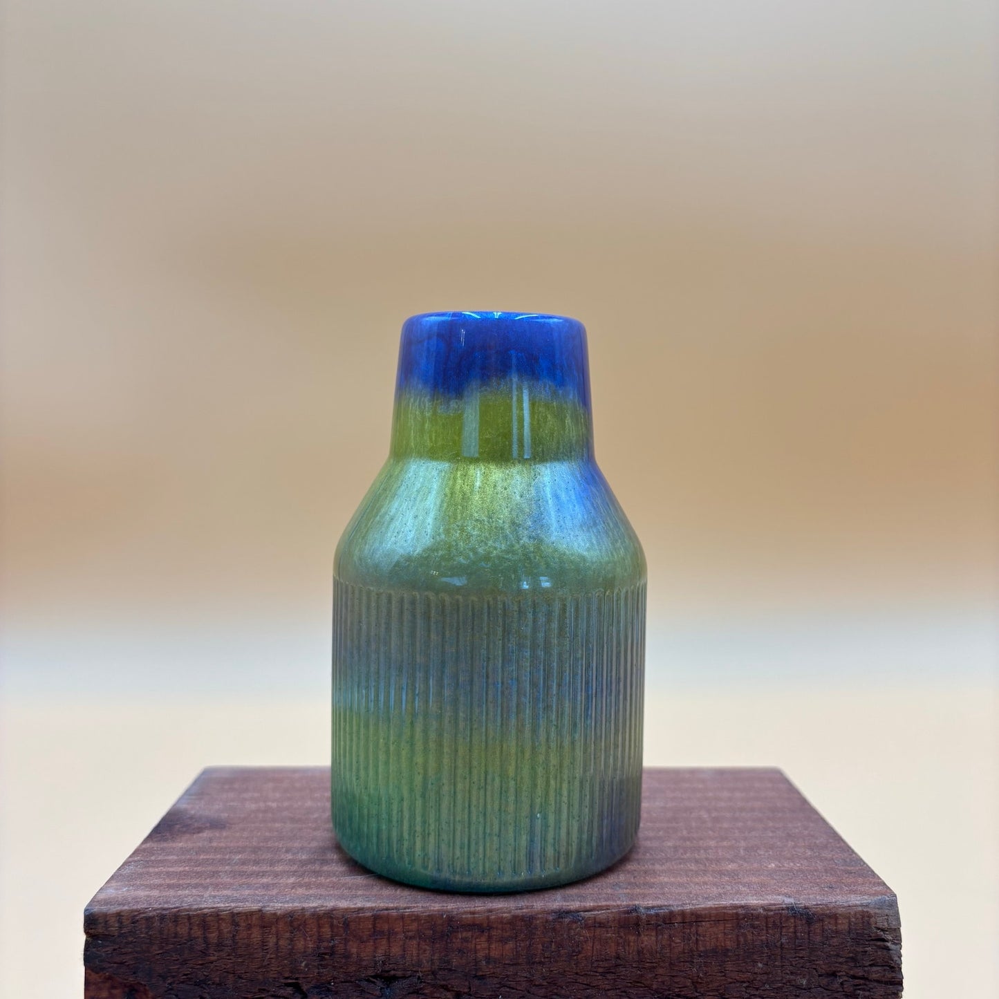 Vintage Ribbed Studio Pottery Bud Vase - Blue & Green Drip Glaze