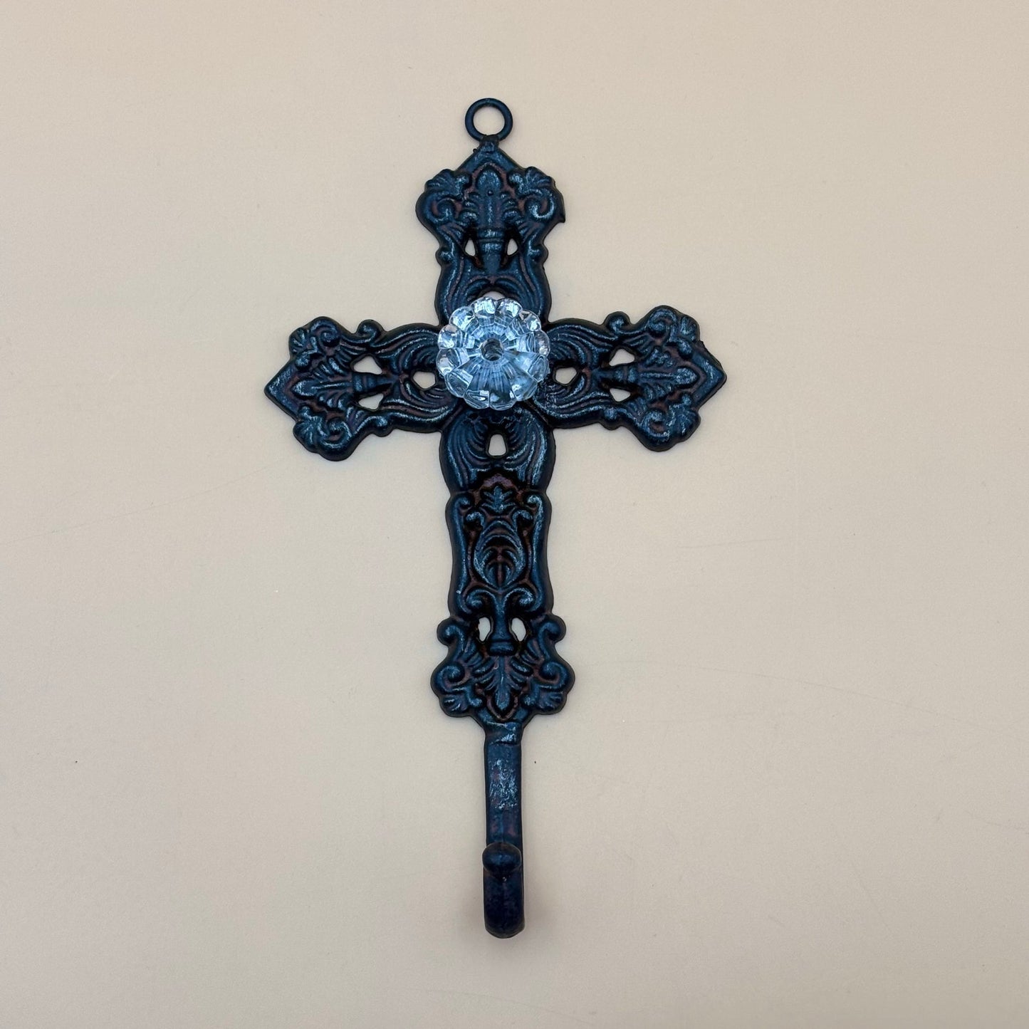 Wrought Iron Wall Cross with Crystal Knob Hook