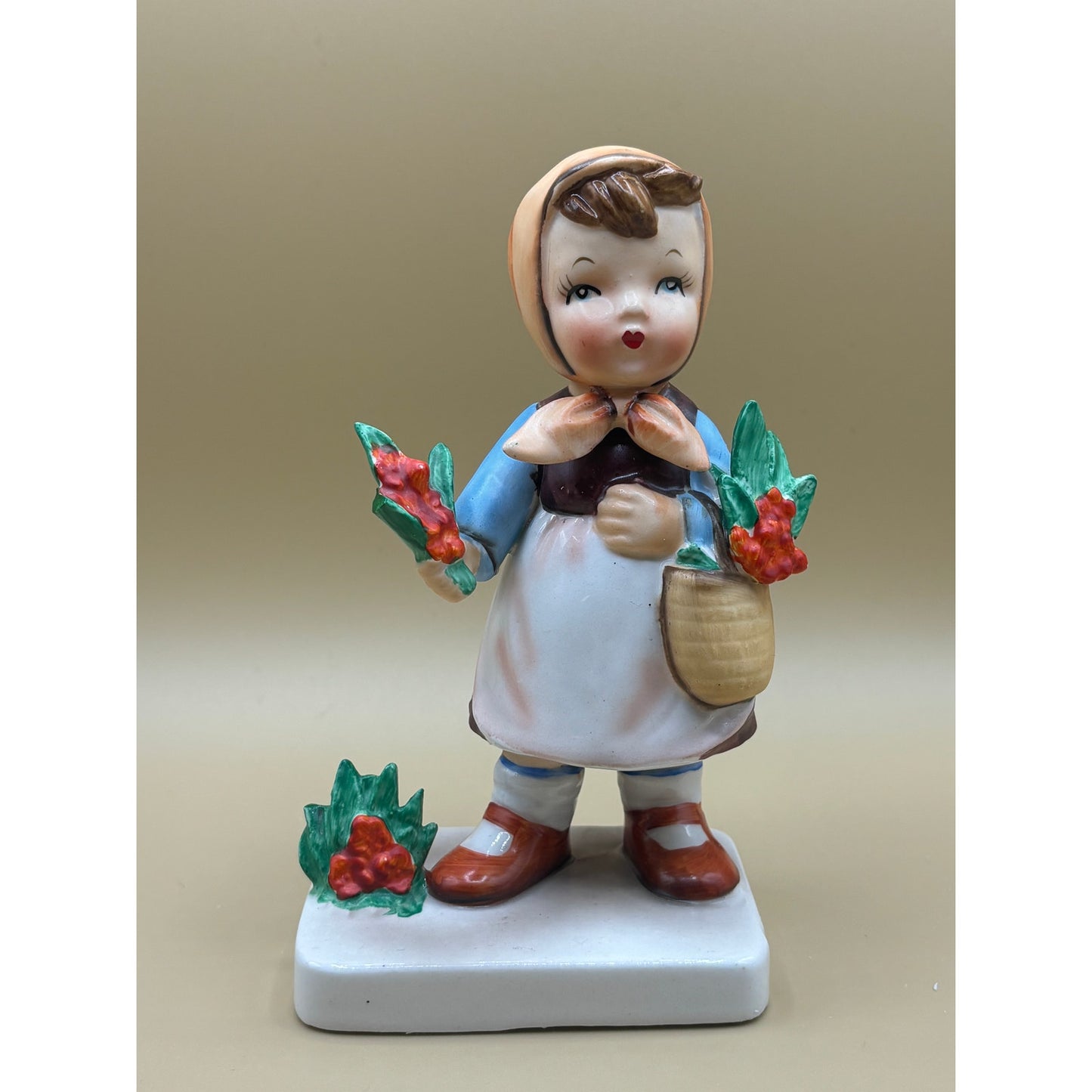 Pair of Vintage Japanese Vcagco Ceramic Figurines - Boy with Bag & Girl with Basket of Flowers