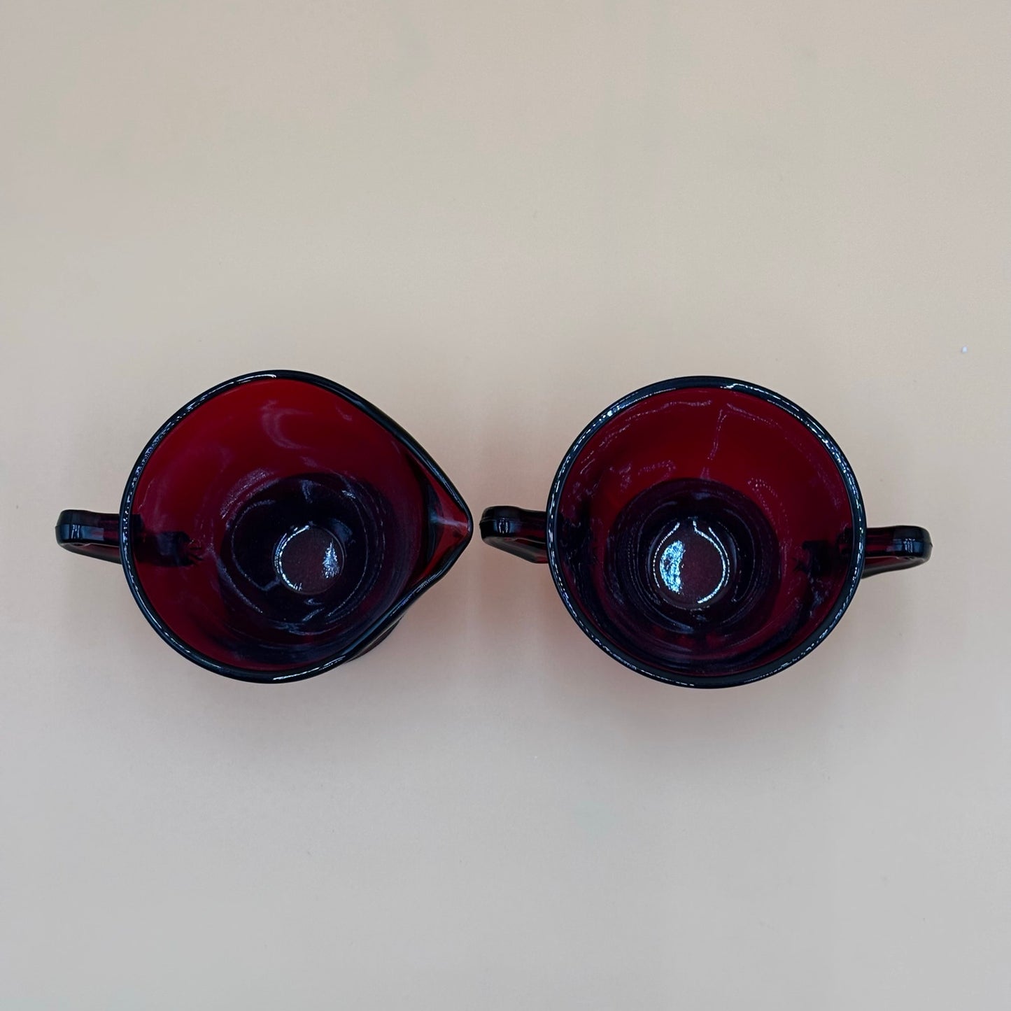 Vintage Ruby Red Glass Creamer & Sugar Set - Starburst Bottom