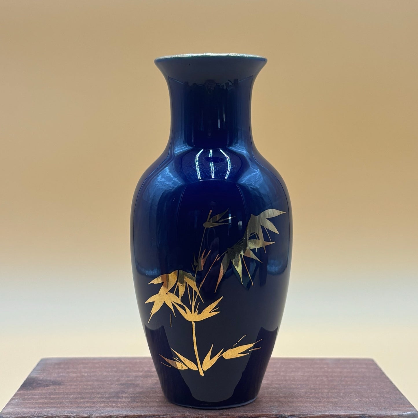 Vintage Cobalt Blue Vase with Gold Bamboo Design – 4.5” Tall