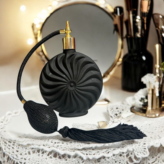 VTG Retro 80s Art Deco Black Satin Glass Perfume Atomizer