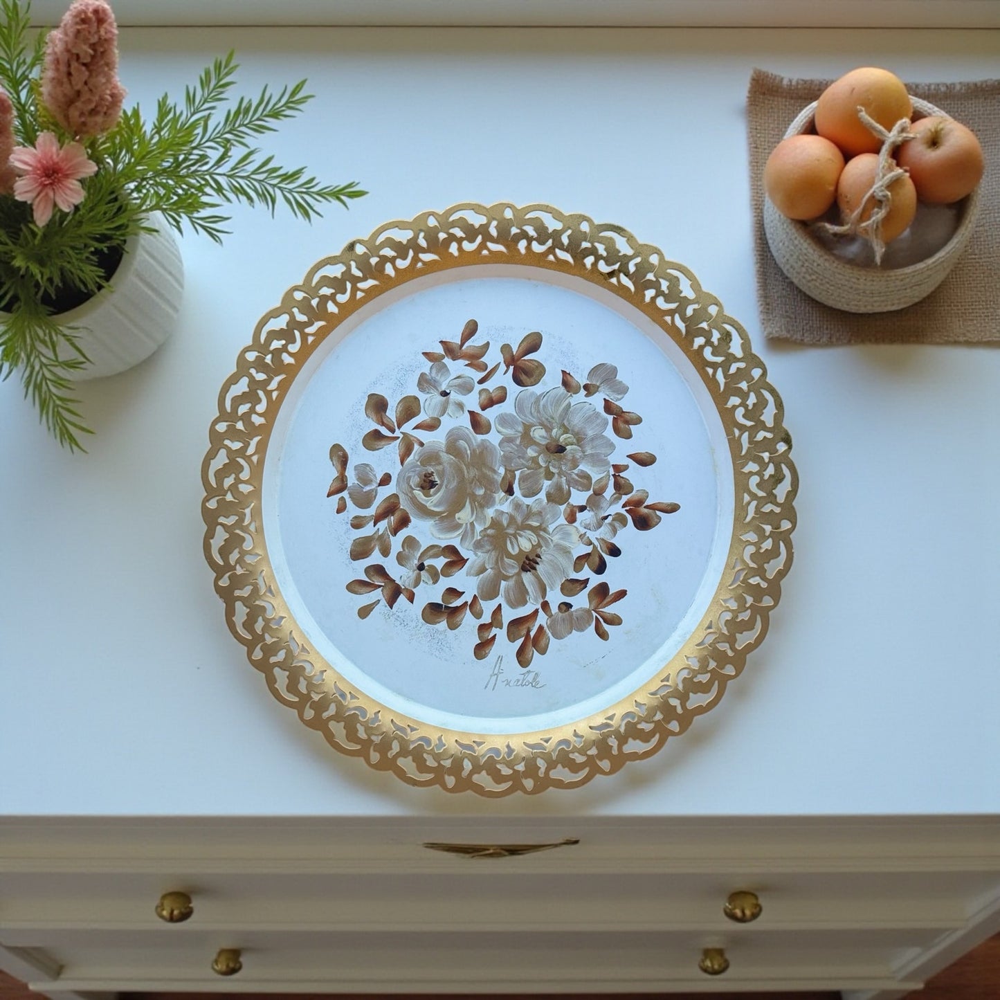 Vintage Nashco Tole Painted Tray – Cream, Gold & Brown Floral “Lace Edge”
