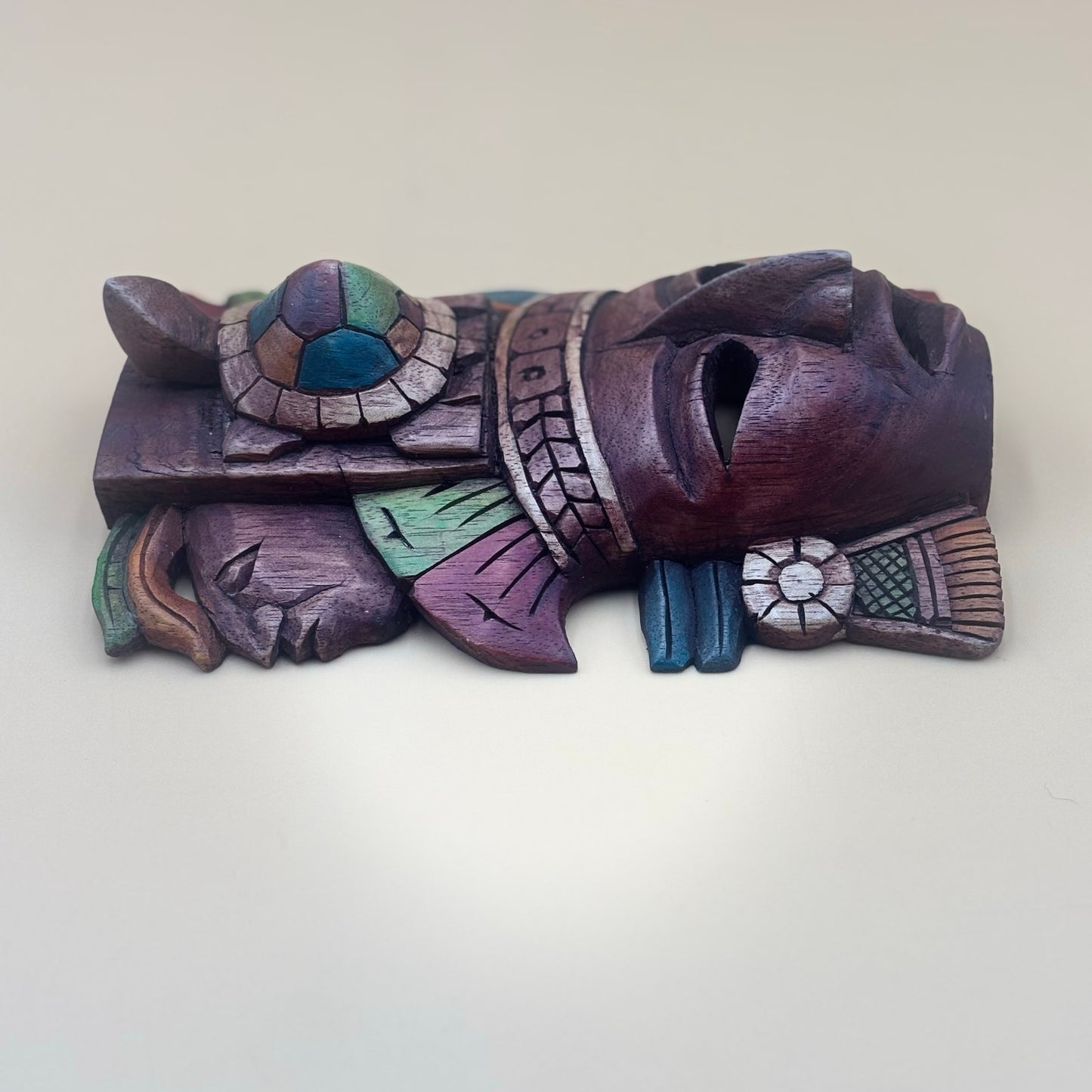 Mesoamerican Hand-Carved Warrior Mask/Wall Plaque - Turtle & Serpent Wall Art
