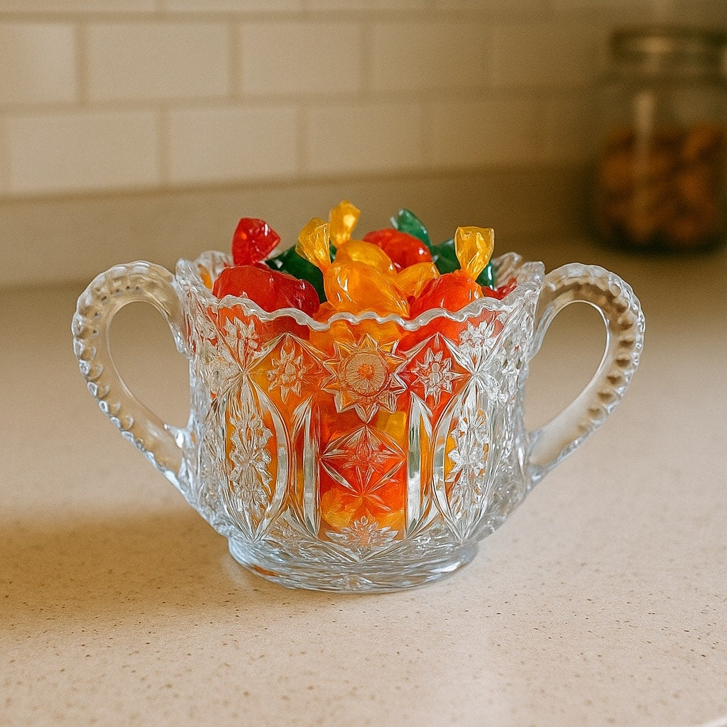 Vintage Cut Crystal Sugar Bowl with Handles "Candy Dish" - Star Pattern