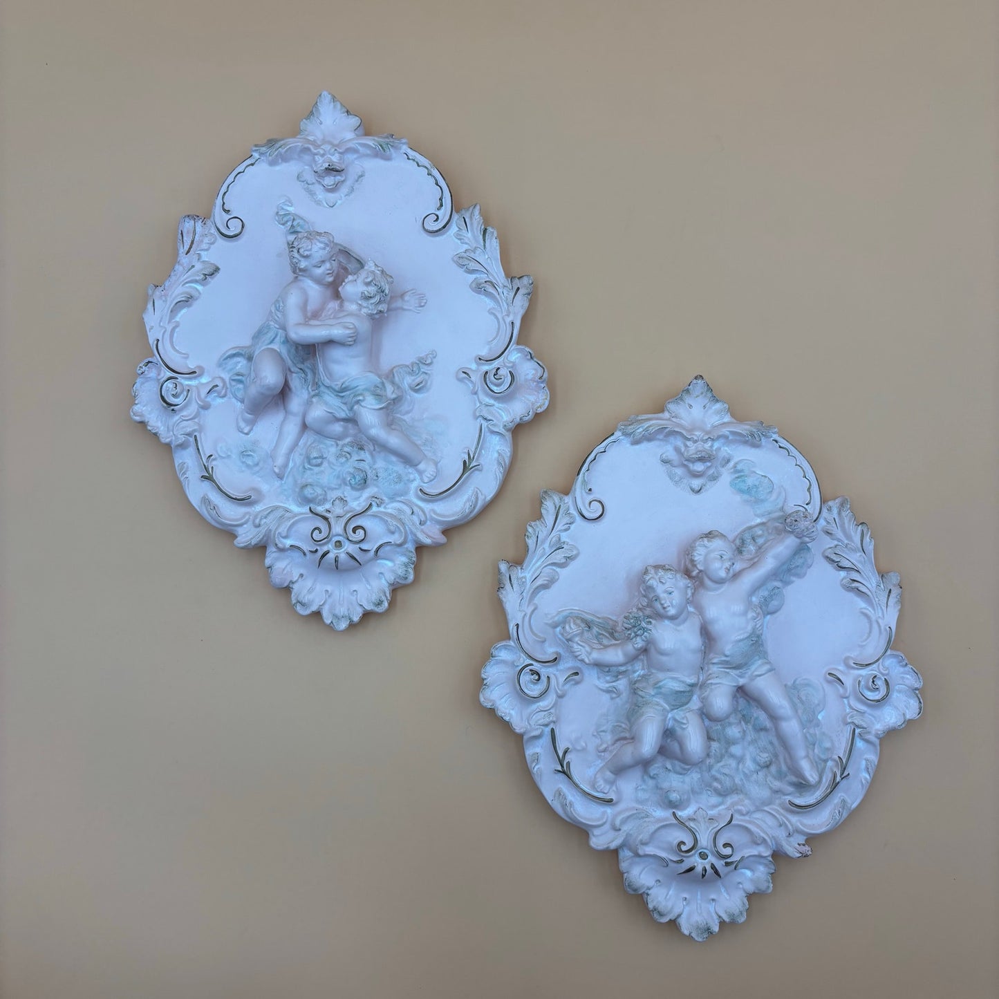 Pair of Alexander Backer Cherub Wall Plaques – Gilded Scrolls & Pastel Detail