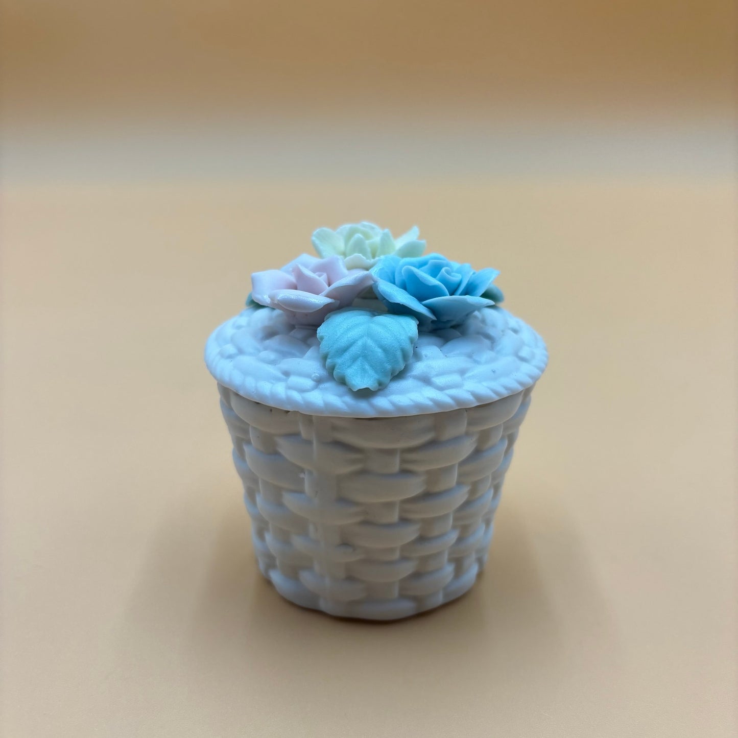 Porcelain Basket with Pastel Floral Lid – White Lattice Design