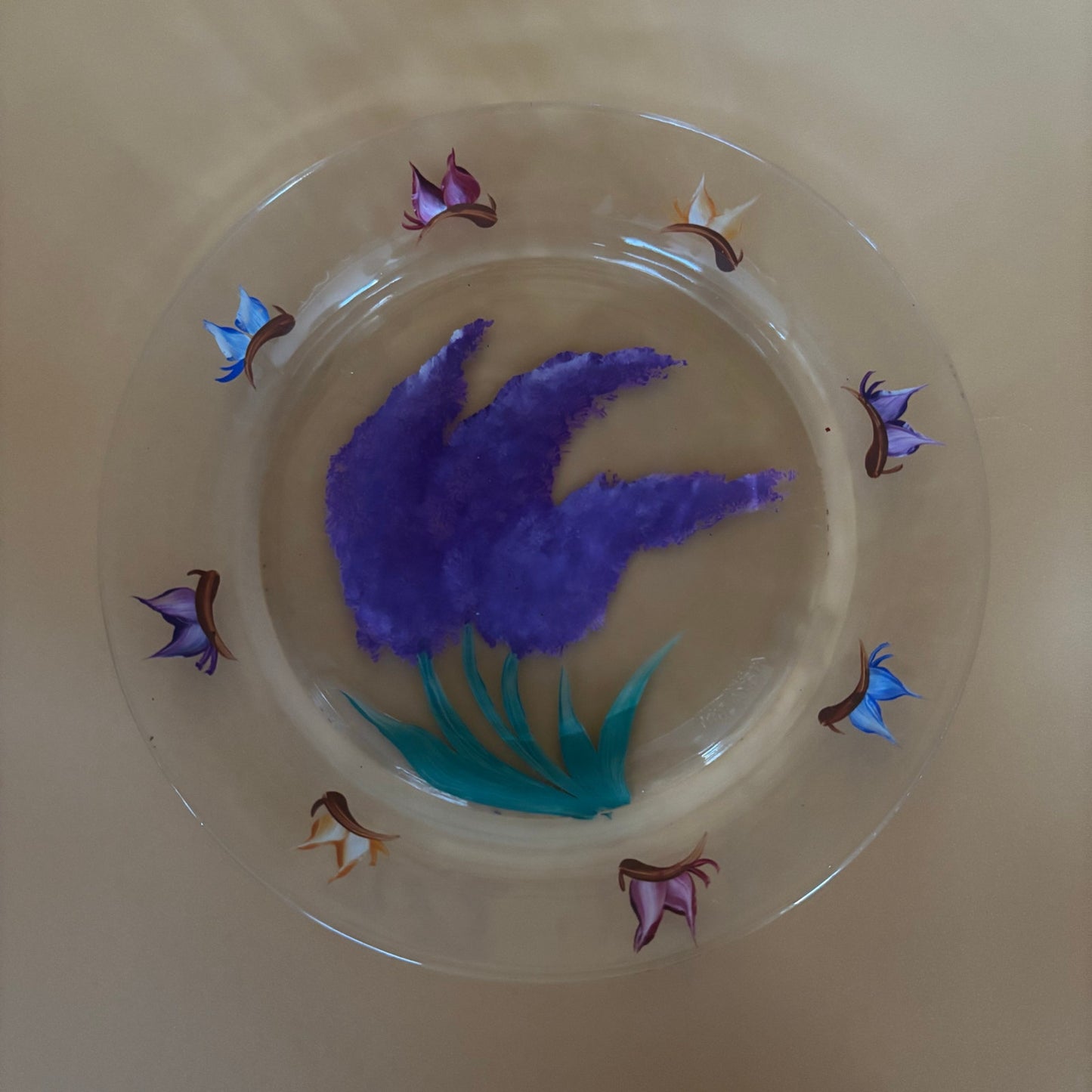 Handpainted Glass Plate - Purple Flowers & Butterflies - Malaysia