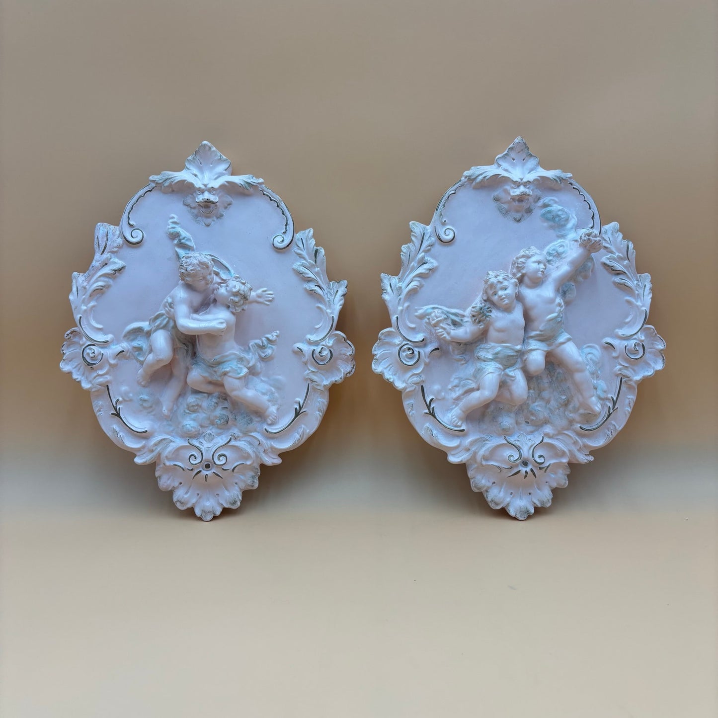 Pair of Alexander Backer Cherub Wall Plaques – Gilded Scrolls & Pastel Detail