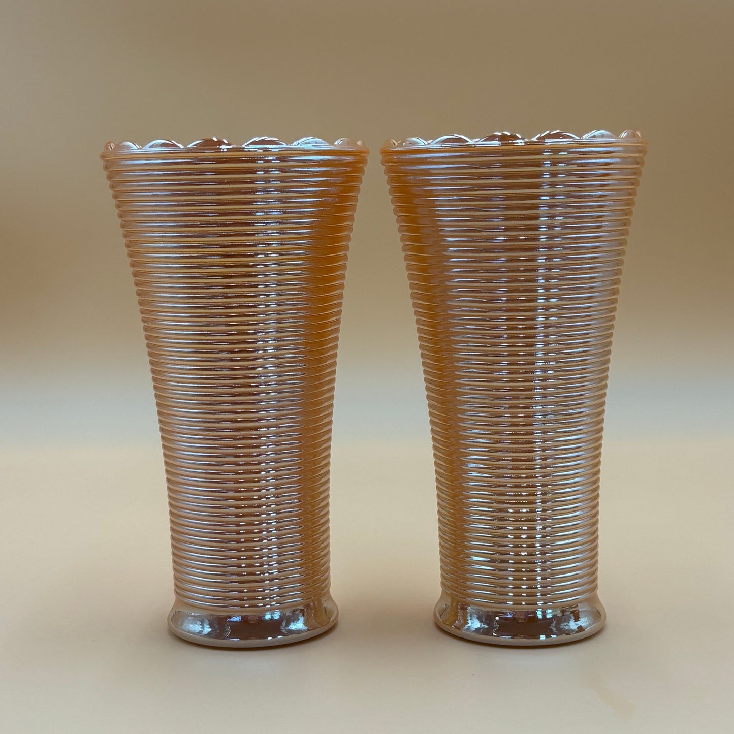 Vintage Fire King Peach Luster Scalloped Vases - Set of 2