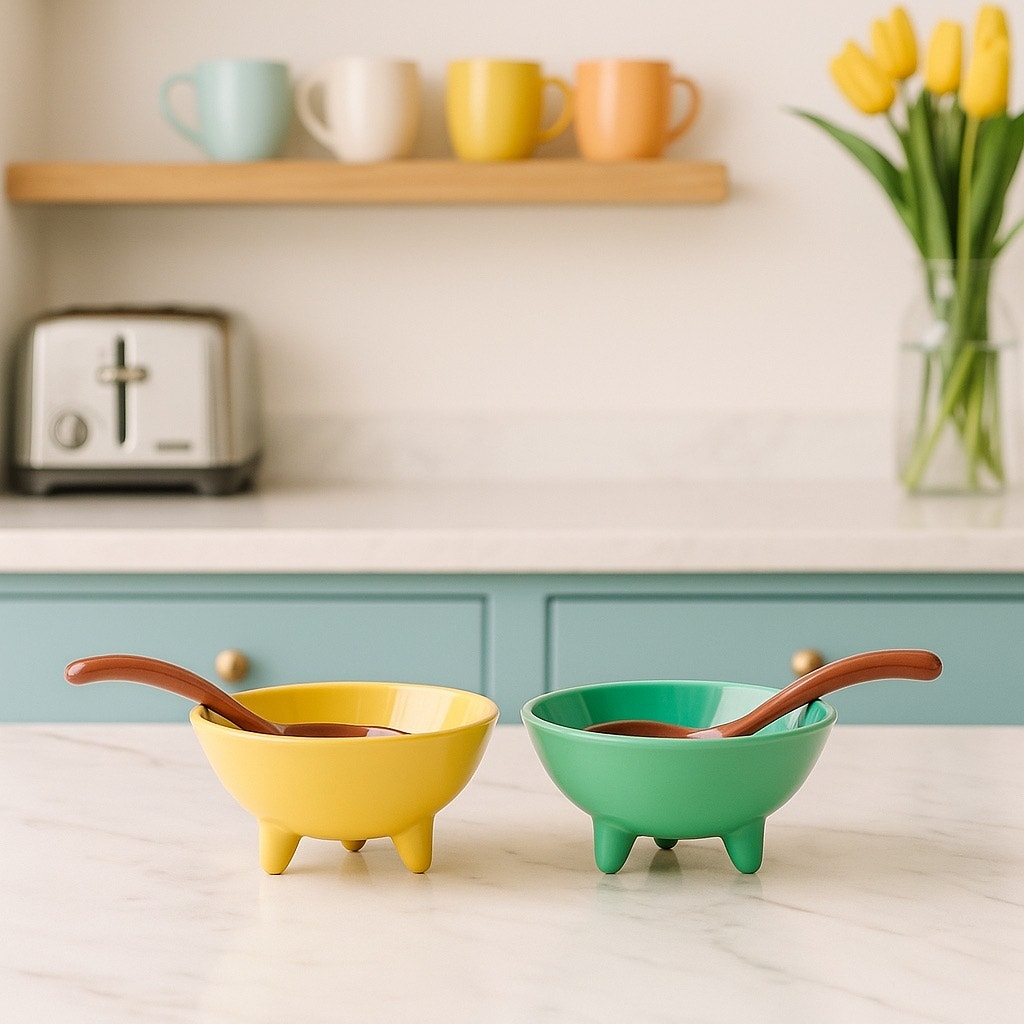 Vintage Chantal Yellow & Green Footed Bowls with Matching Ladles – Set of 2