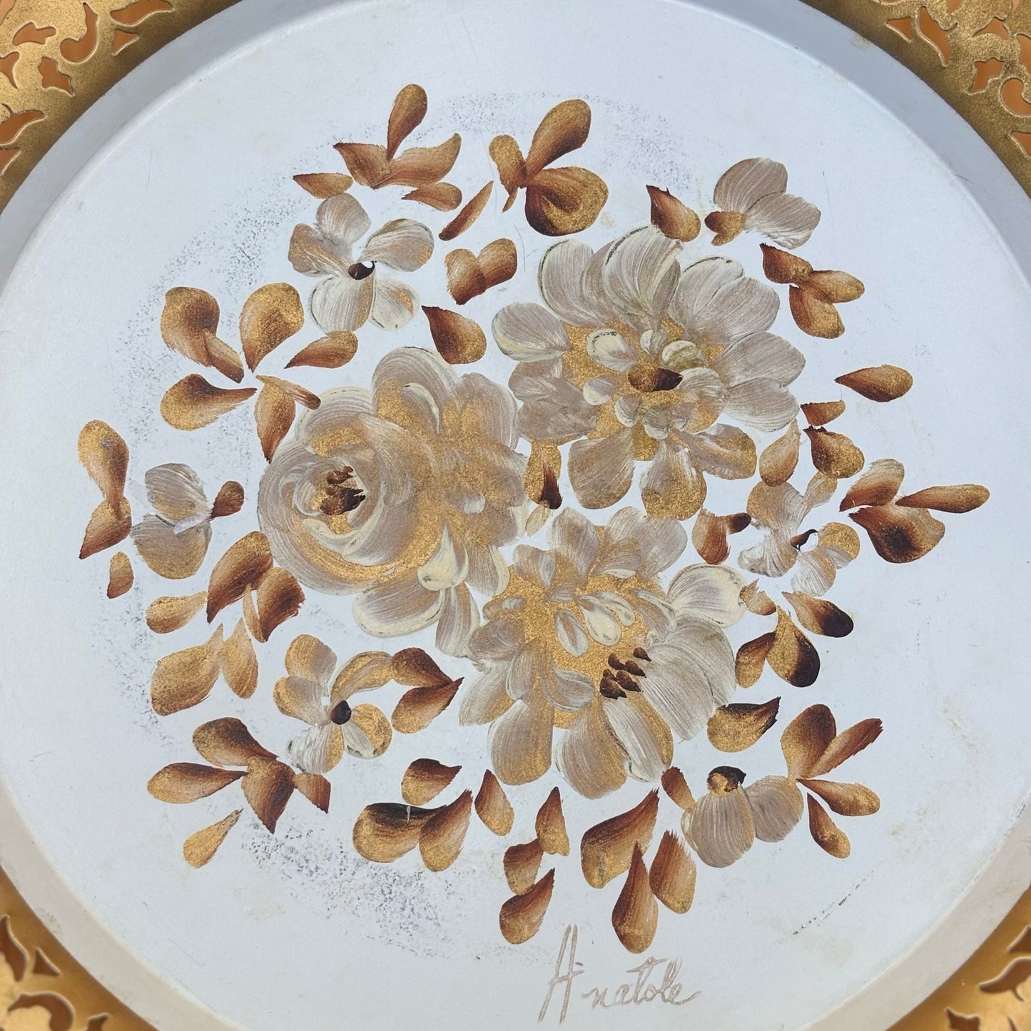 Vintage Nashco Tole Painted Tray – Cream, Gold & Brown Floral “Lace Edge”