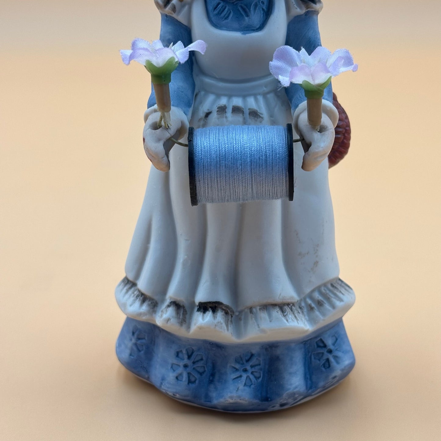 Porcelain Vintage Sewing Girl Figurine with Thread and Pin Cushion Hat