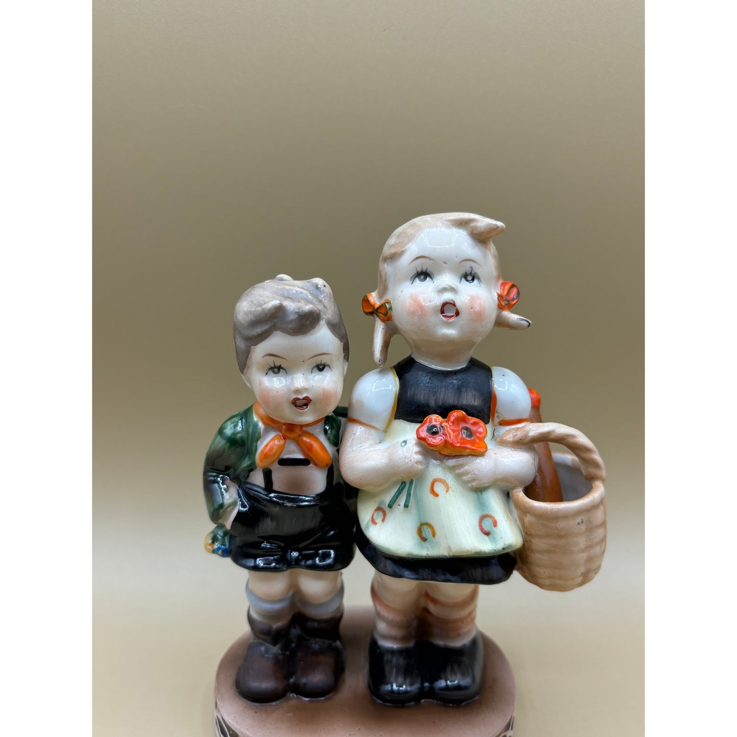 VTG Boy and Girl Orange with Basket Japanese Ceramic Figurine