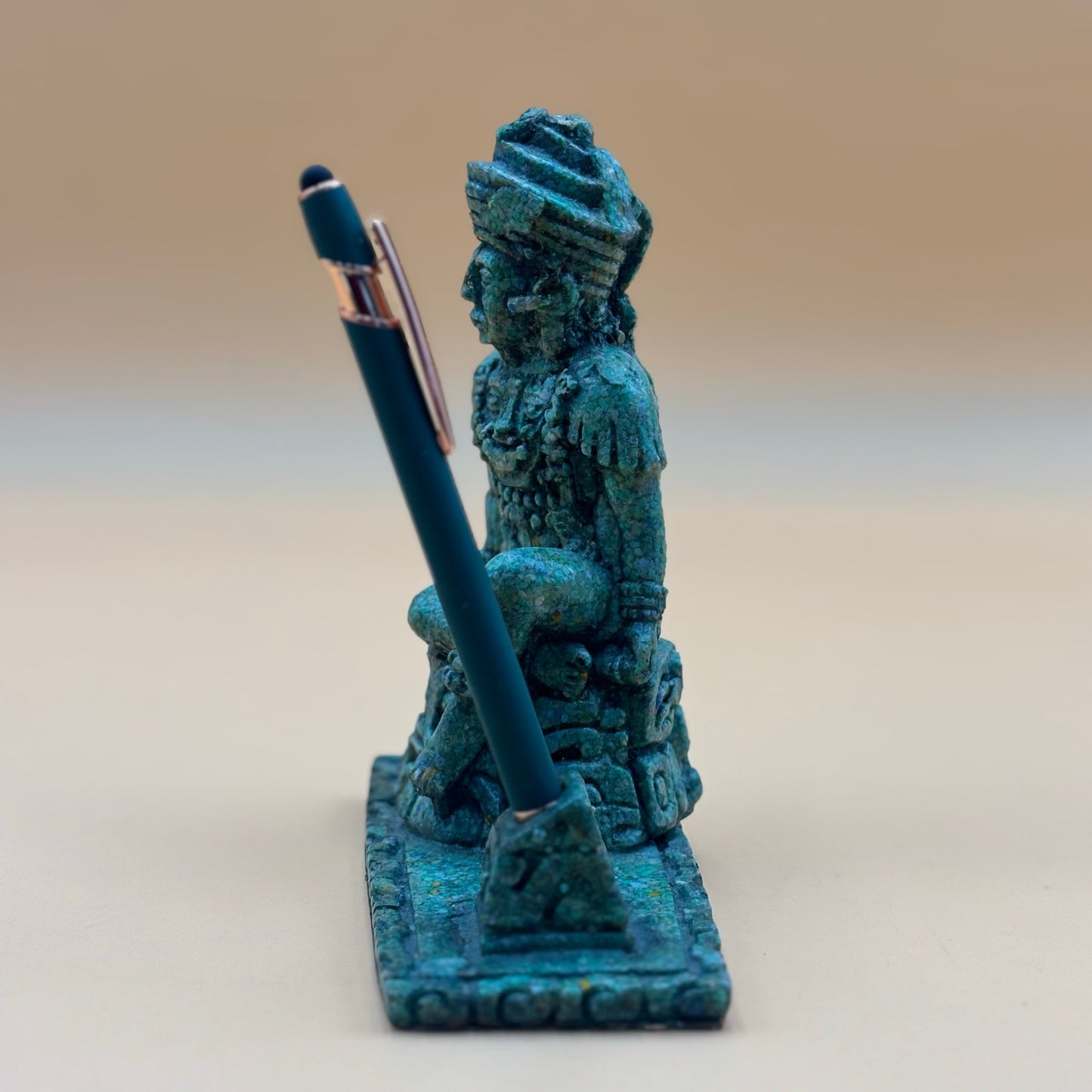 Aztec-Style Green Stone Pen Holder Statue – 6⅜” Tall
