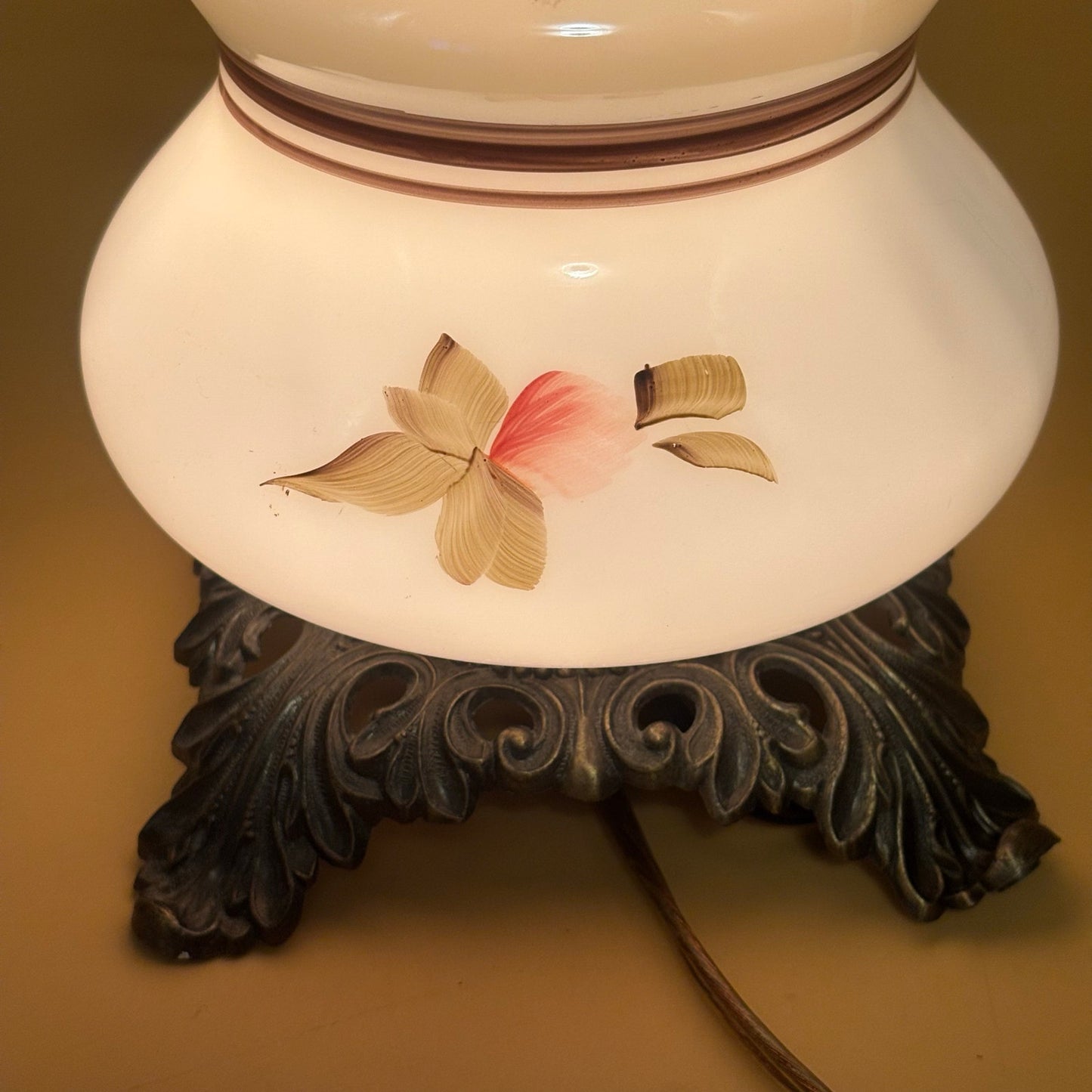 Vintage GWTW Hurricane Lamp Base Hand Painted Flowers 3 Way Light