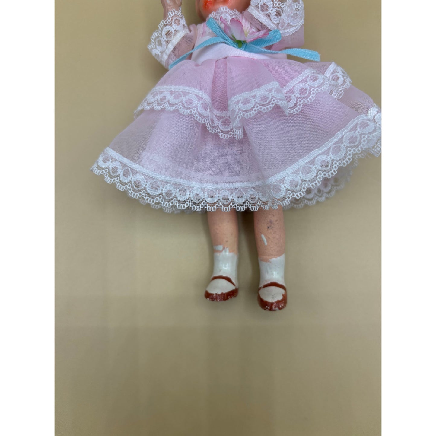 VTG Fragile Doll with Movable Parts 6.5" - Made in Japan, Pink Dress with Bow Ornament