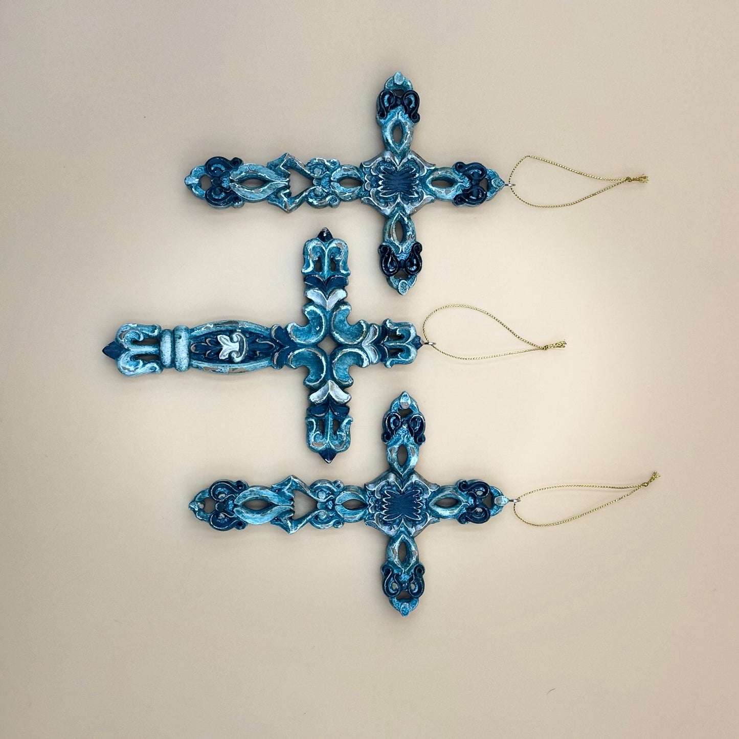 Set of Three 7″ Cross Ornaments — Turquoise, Silver, and Brown Tones