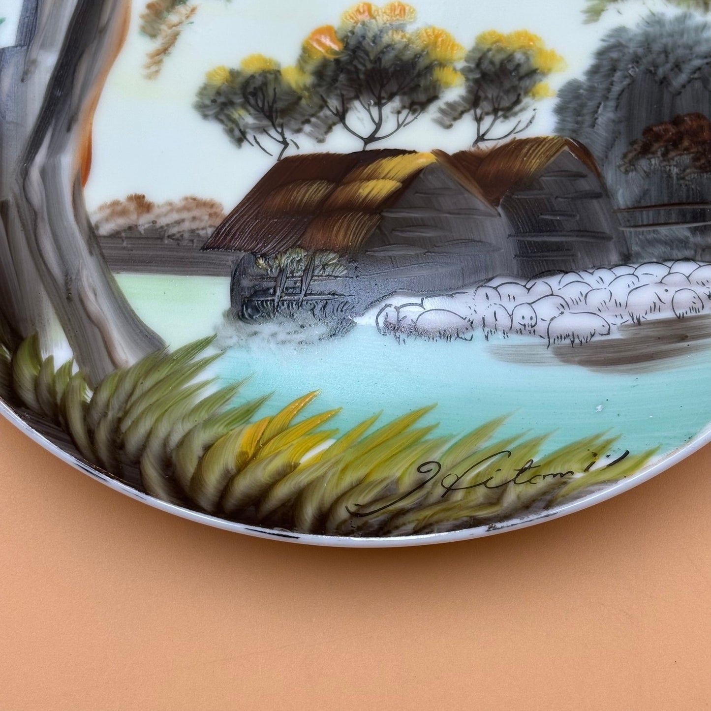 Vintage Hand-Painted Japanese Landscape Plate – Signed Hitomi  8.25 in.