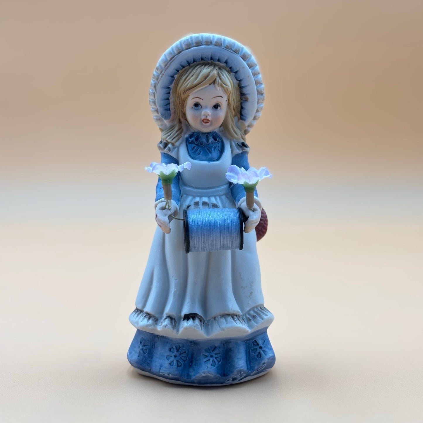 Porcelain Vintage Sewing Girl Figurine with Thread and Pin Cushion Hat