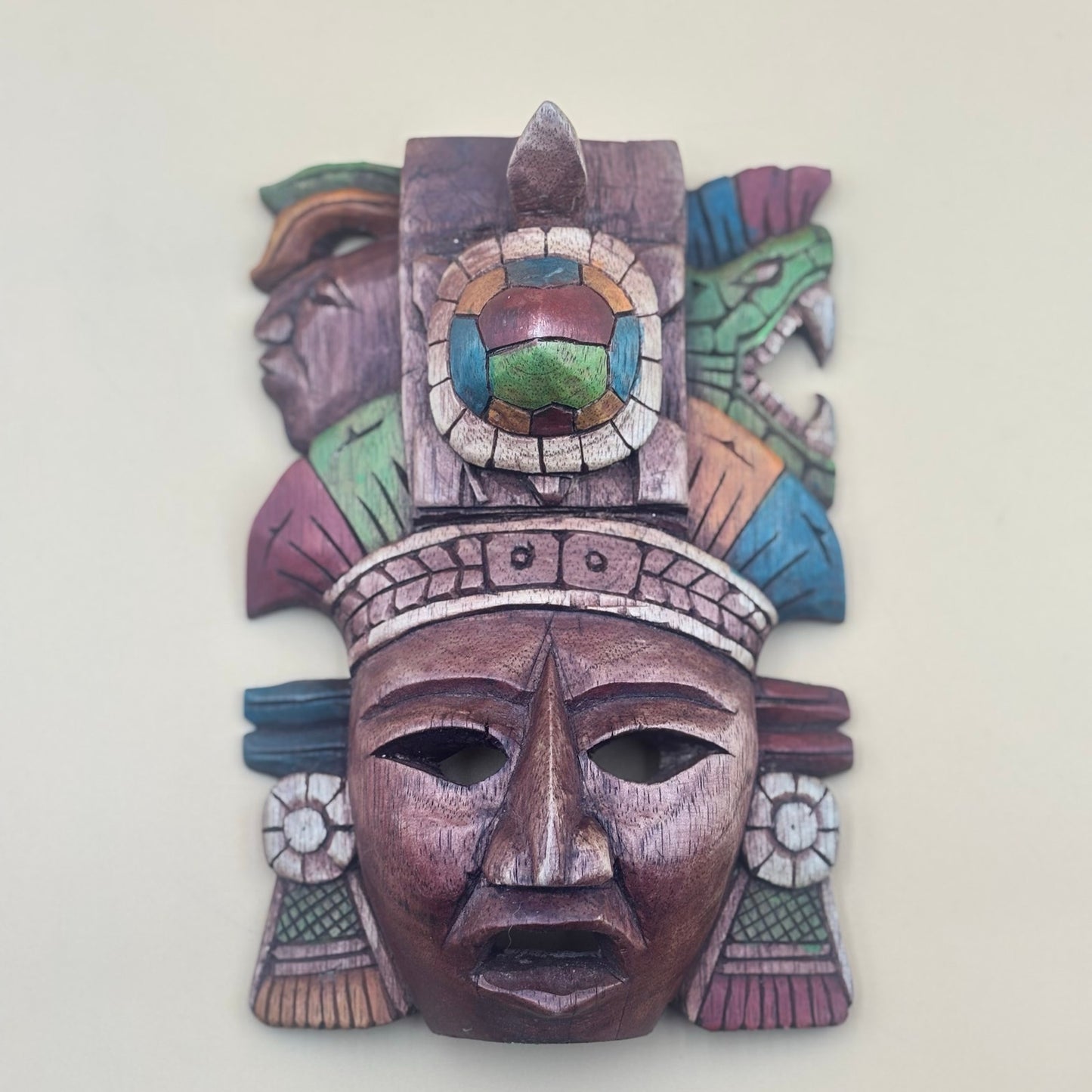 Mesoamerican Hand-Carved Warrior Mask/Wall Plaque - Turtle & Serpent Wall Art