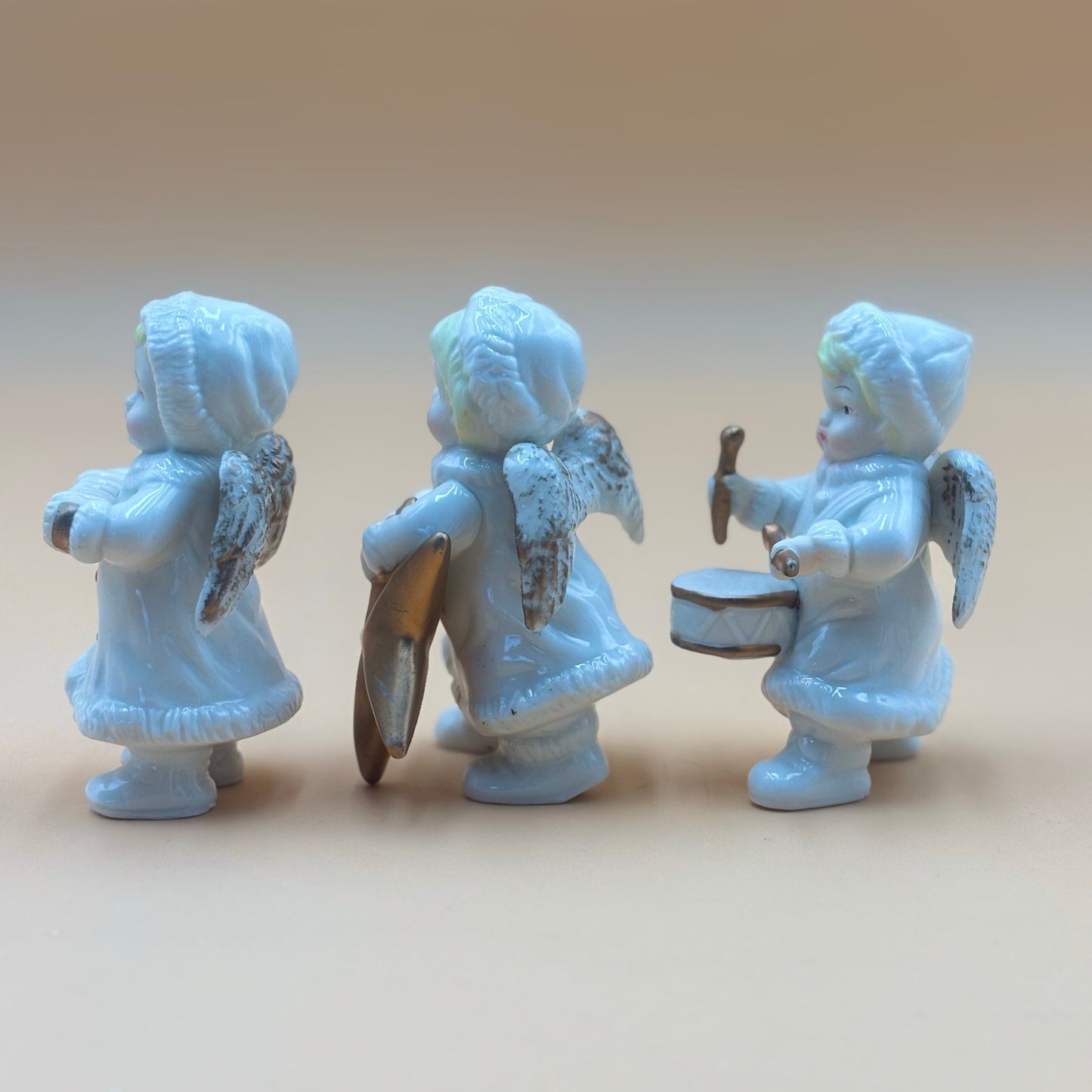 Set of 5 Vintage Ceramic Winter Angels with Gold Accents