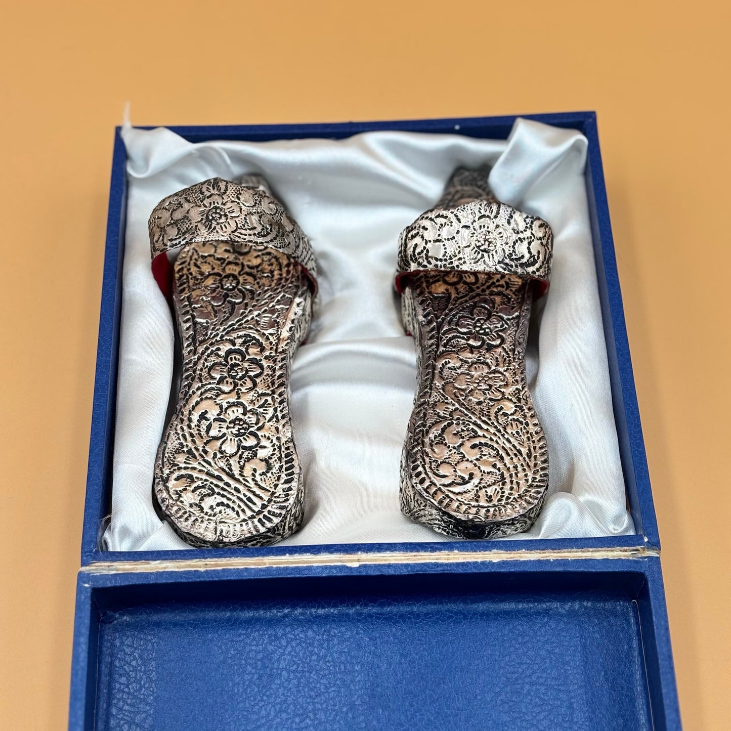 Vintage Ottoman Style Child’s Shoes Silver Tone on Wood with Box Collectible