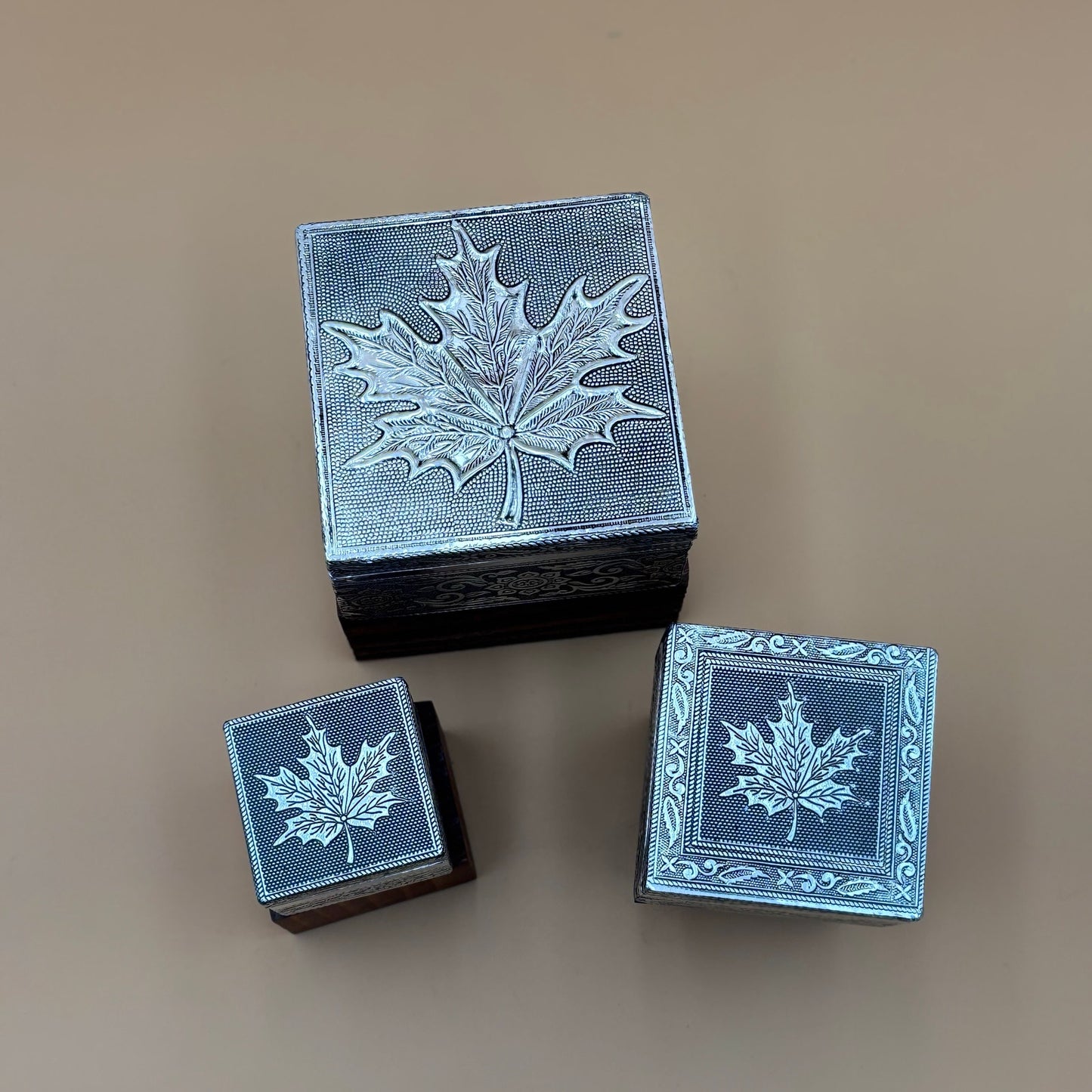 Handcrafted Silver-Toned Maple Leaf Trinket Box Set – 3 Sizes