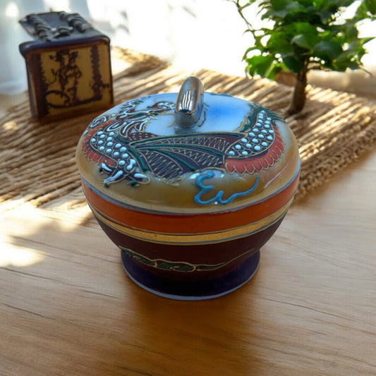 Japanese Lidded Dragon Trinket Jar – Hand-Painted Satsuma Style