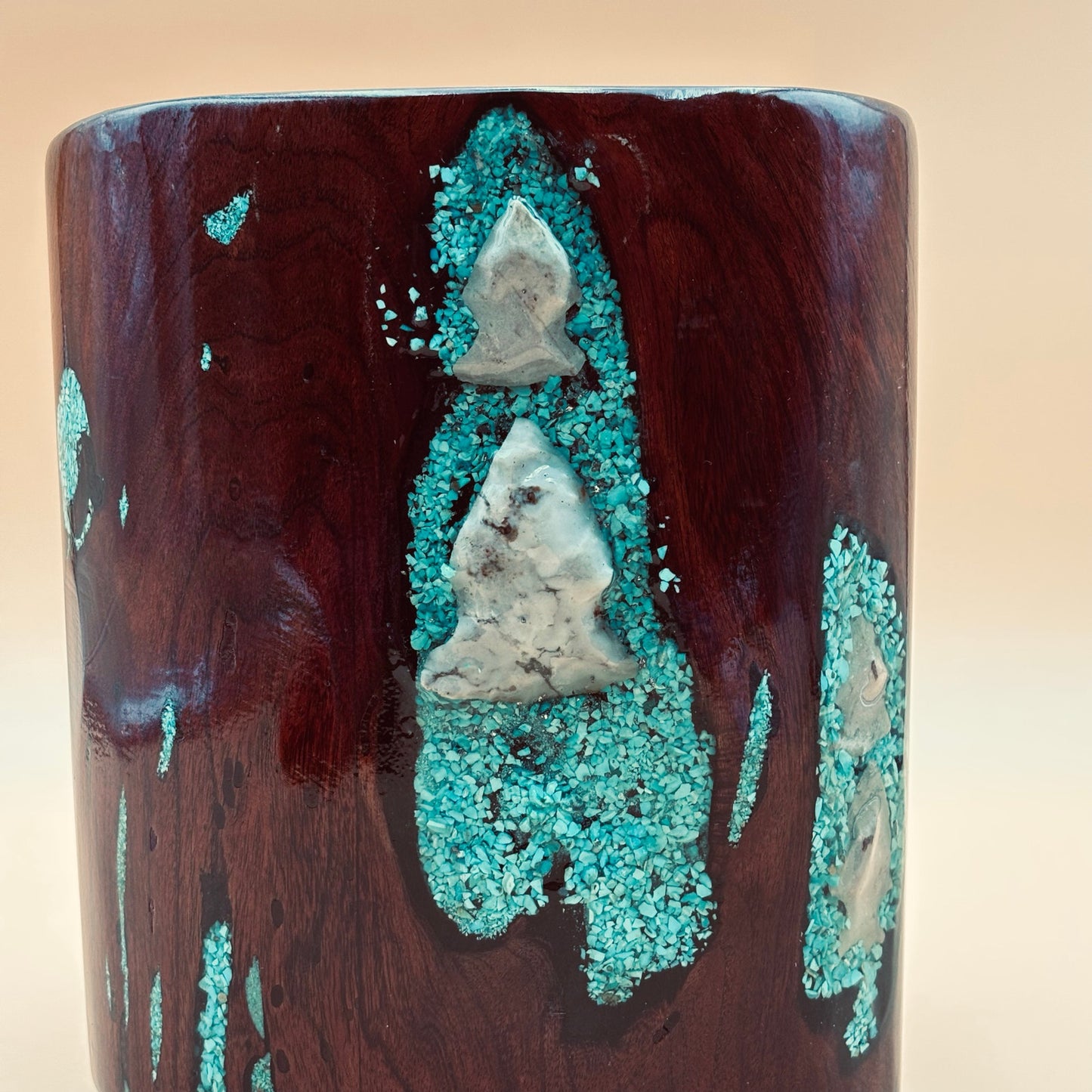 Hand-Carved Burlwood Vessel with Turquoise & Arrowhead Inlay