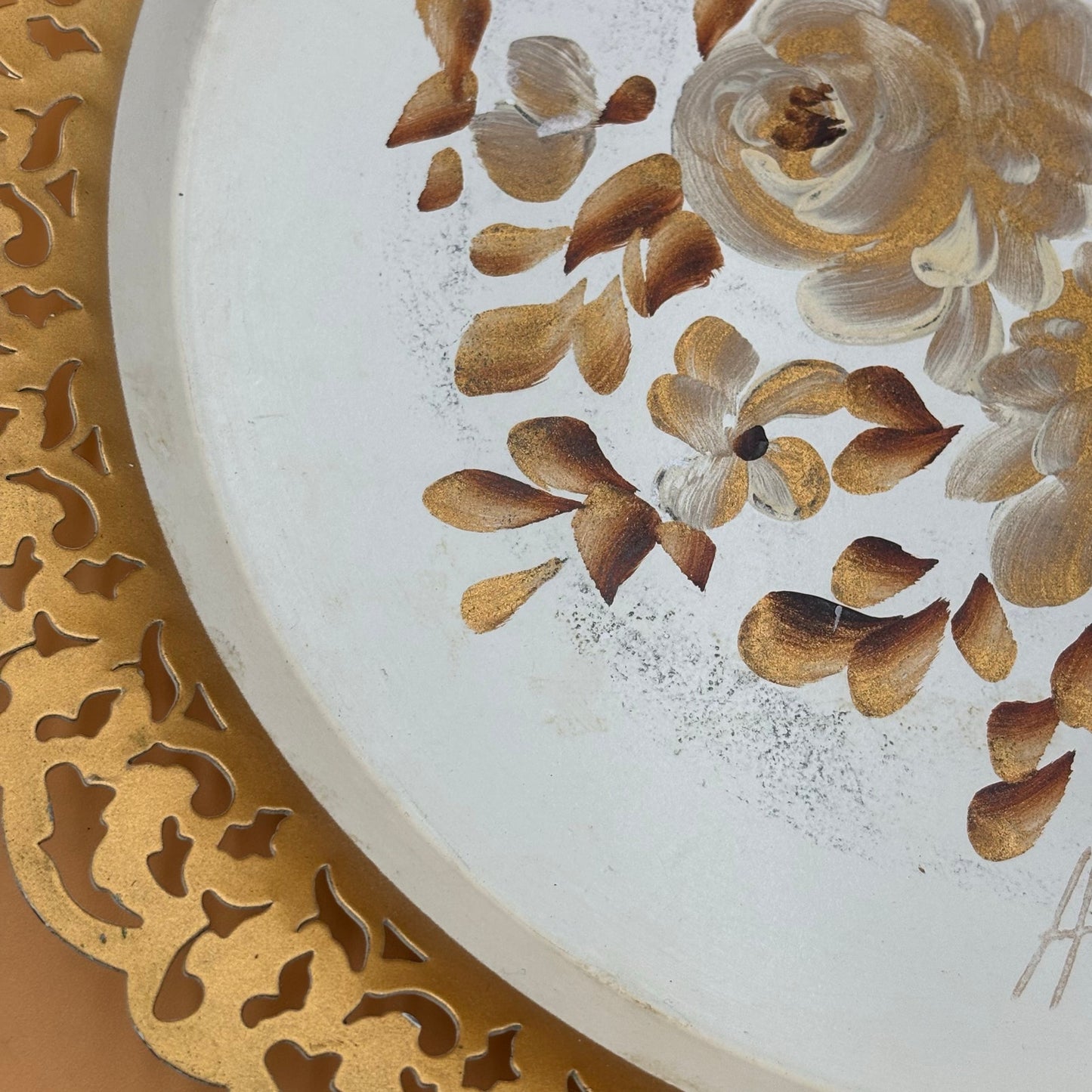Vintage Nashco Tole Painted Tray – Cream, Gold & Brown Floral “Lace Edge”