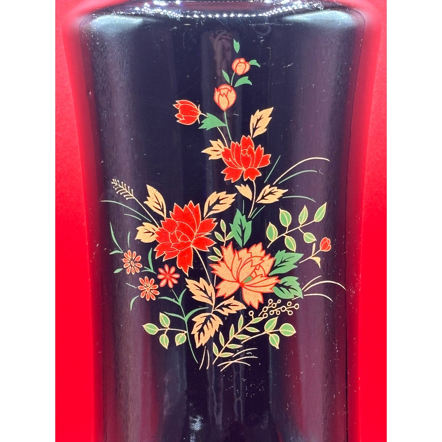 Japanese Vintage Black Floral Vase - 10.5 Inches Tall with Red & Gold Flowers