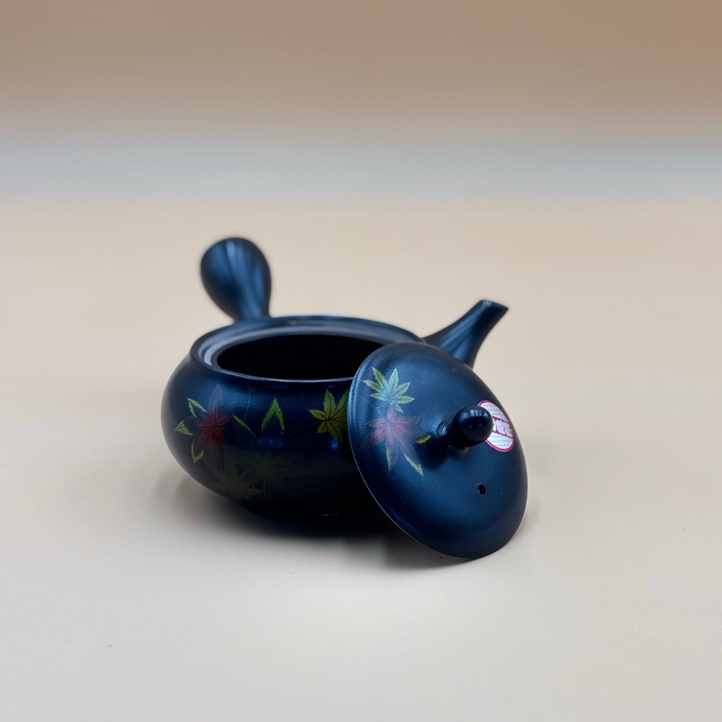 Vintage Komaru Kiln Tokoname Kyusu Teapot — Black Ceramic with Maple Leaf Design