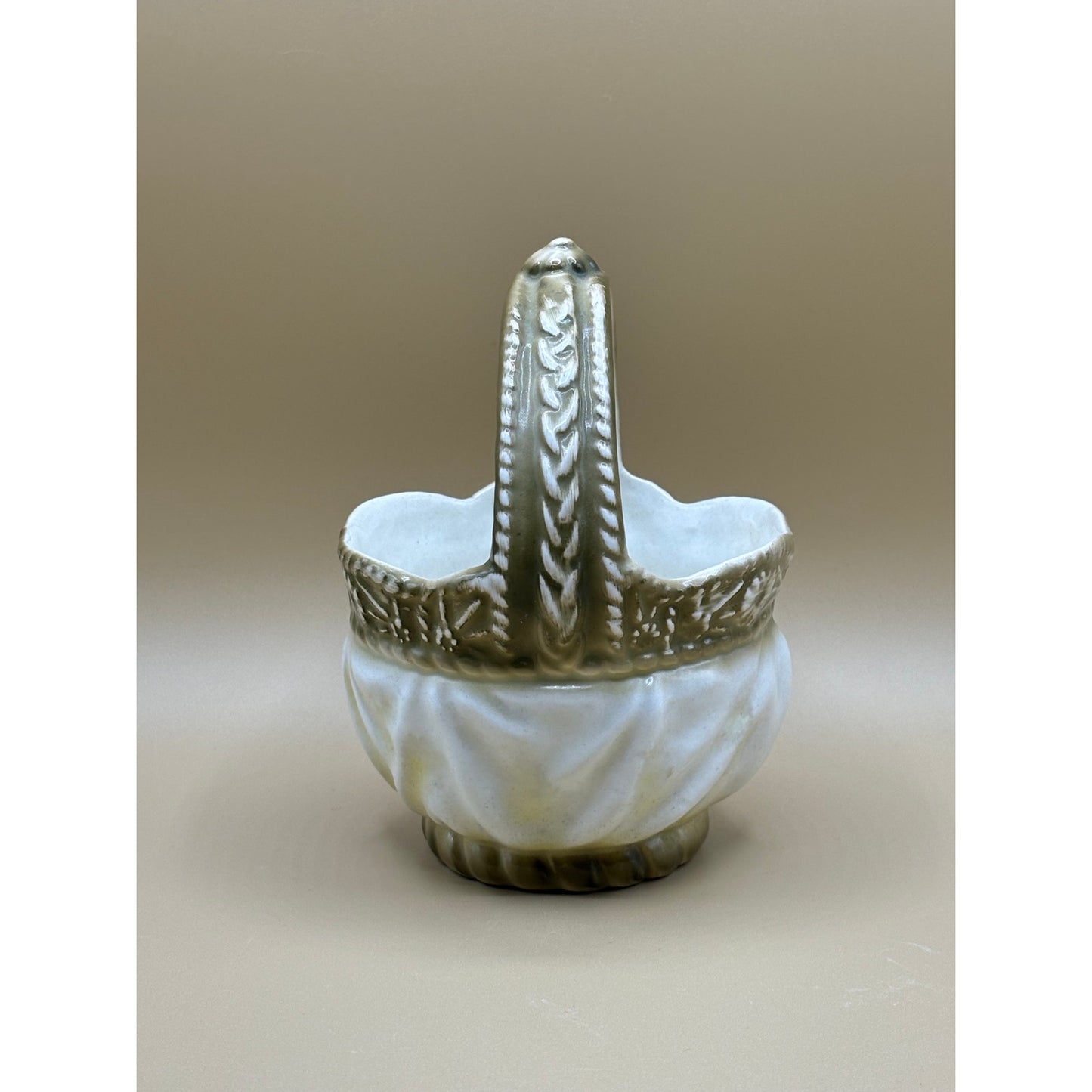 Vintage Porcelain Green and White Basket w/ Handle - Made in Czechoslovakia