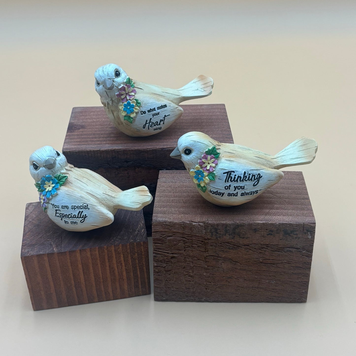 Set of 3 Inspirational Bird Figurines – Floral Accents & Messages (4”)