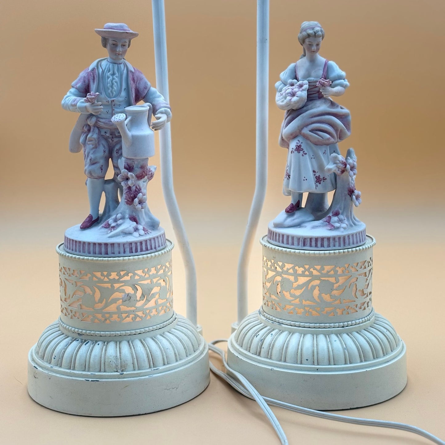 Pair of Vintage Porcelain Figural Lamps with Lighted Bases – Man & Woman with Cherry Blossoms – 17.5” Tall