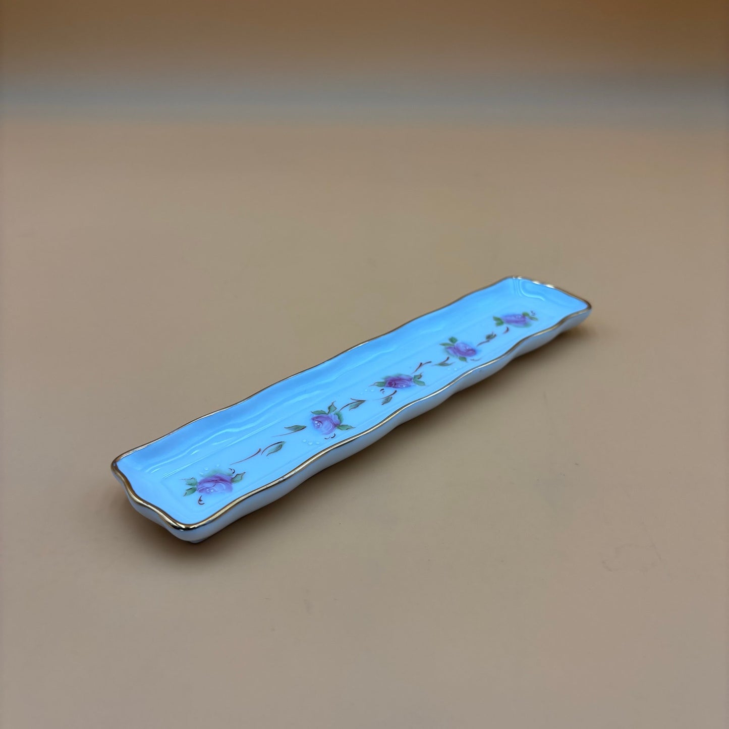 Vintage Hand Painted Porcelain Tray with Pink Roses and Gold Trim