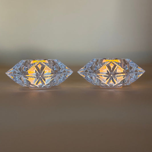 Set of 2 Vintage Crystal Cushion Cut Votive Candle Holders - Geometric Tealight