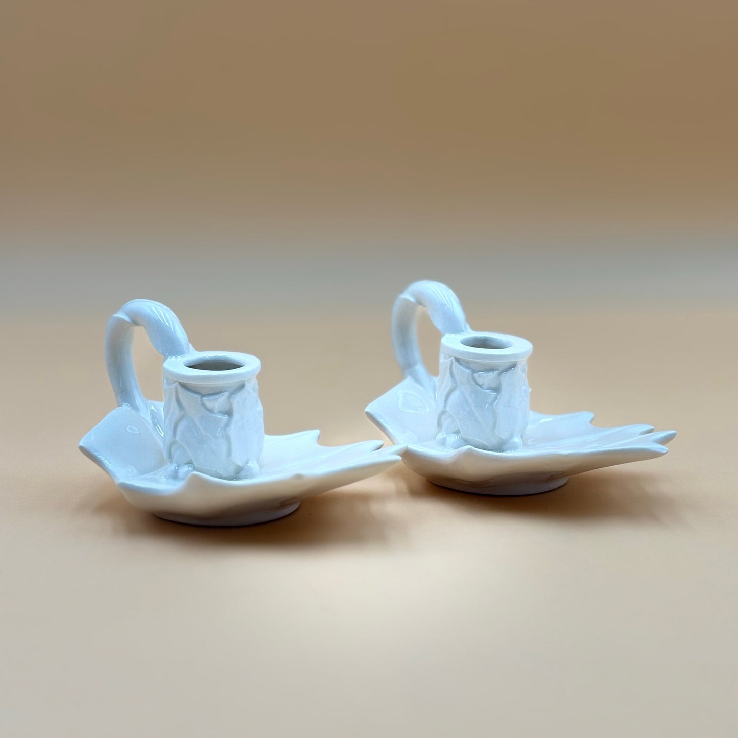 White Ceramic Holly Leaf Candlestick Holders – Pair