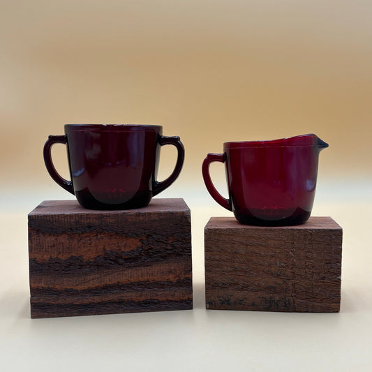 Vintage Ruby Red Glass Creamer & Sugar Set
