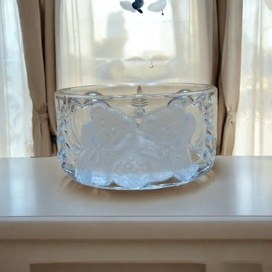 Vintage Clear Pressed Glass Bowl with Hearts & Teddy Bear Motif