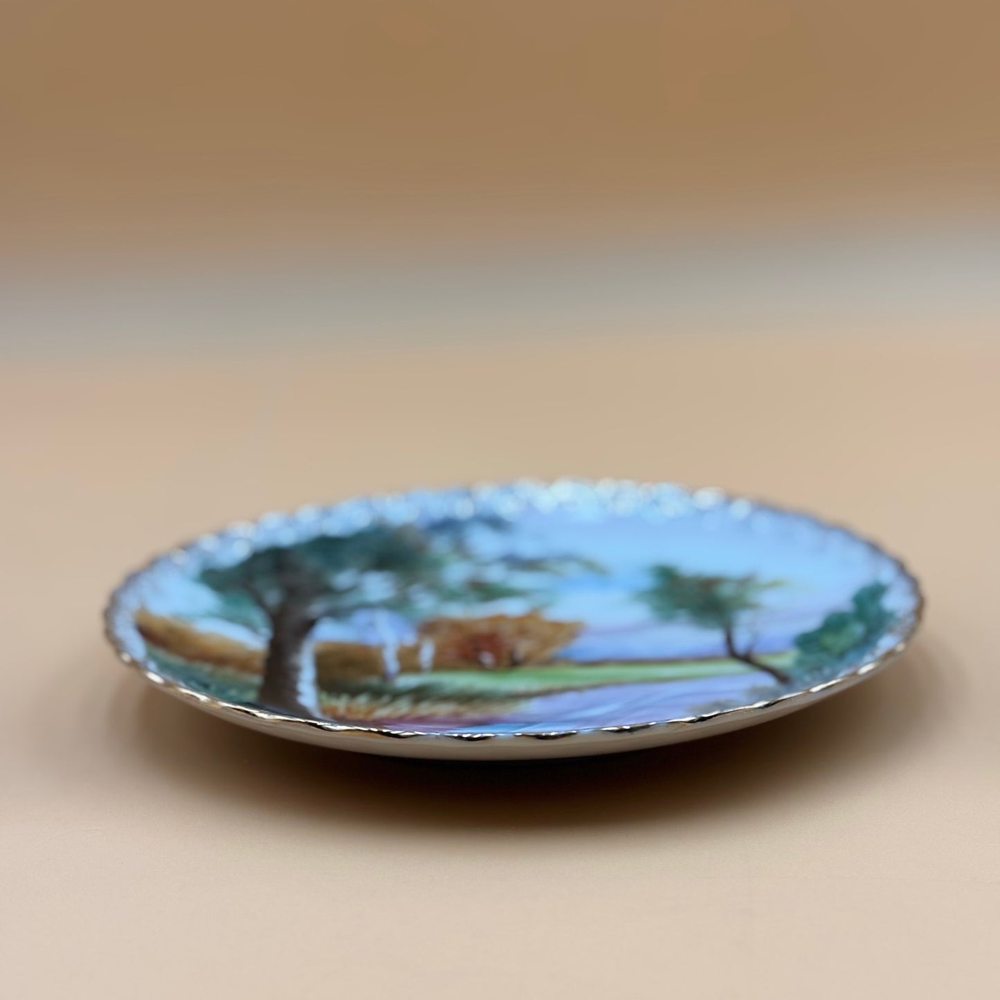Vintage Hand Gold Trimmed Painted Japanese Landscape Plate 8 in.