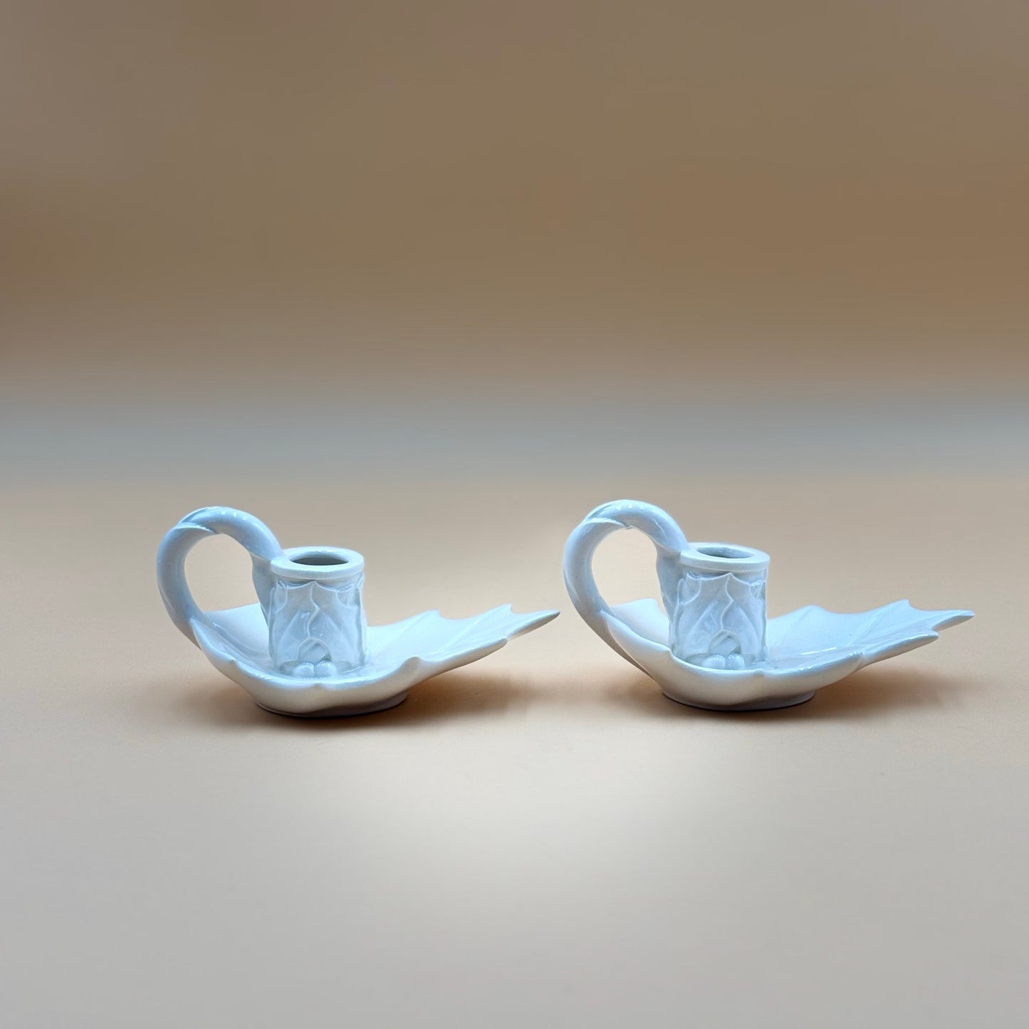 White Ceramic Holly Leaf Candlestick Holders – Pair